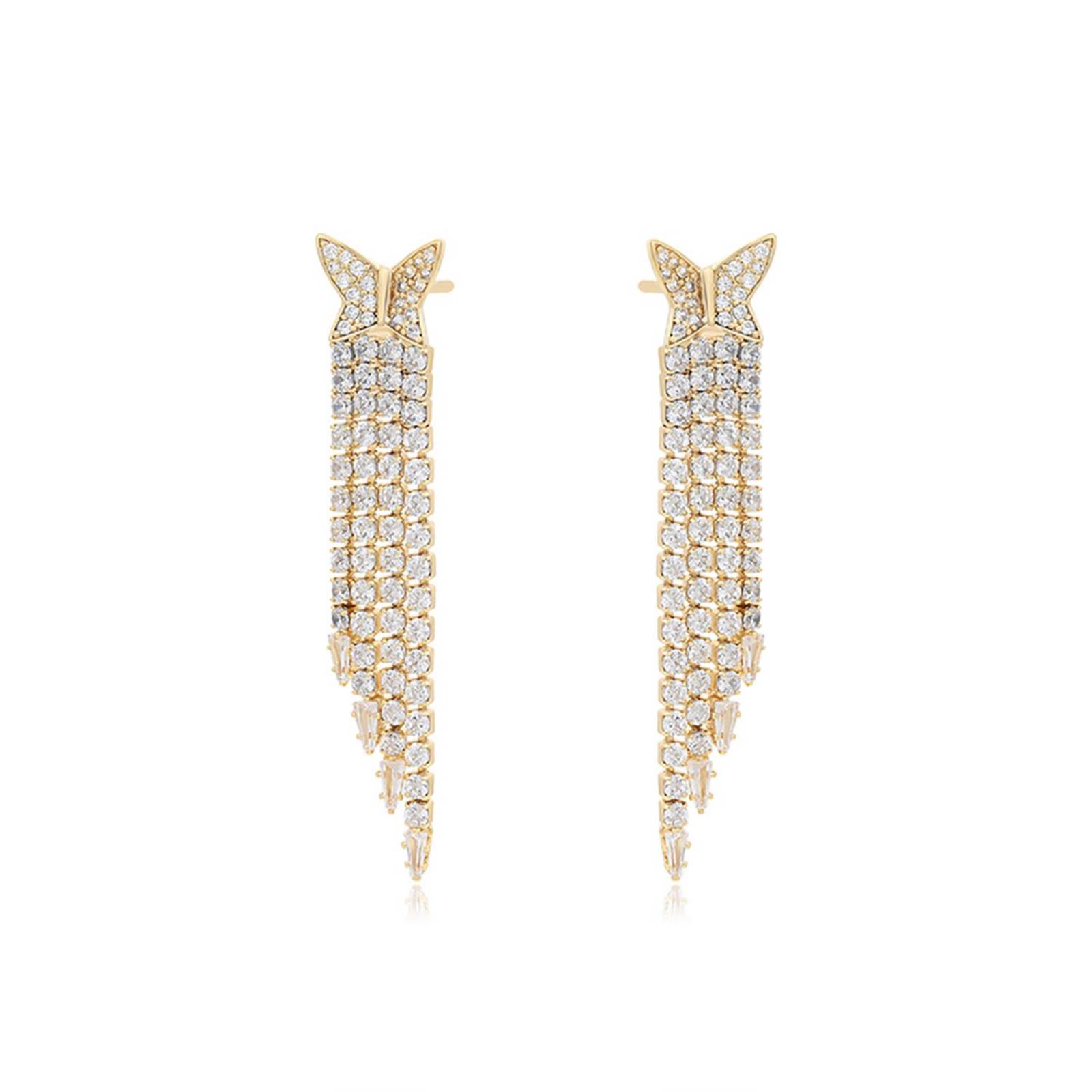 CRISTAL AMOR - Aretes Mariposa P/ Dama Largos Fiesta Cristales Austriacos Oro 14K Laminado Dorado