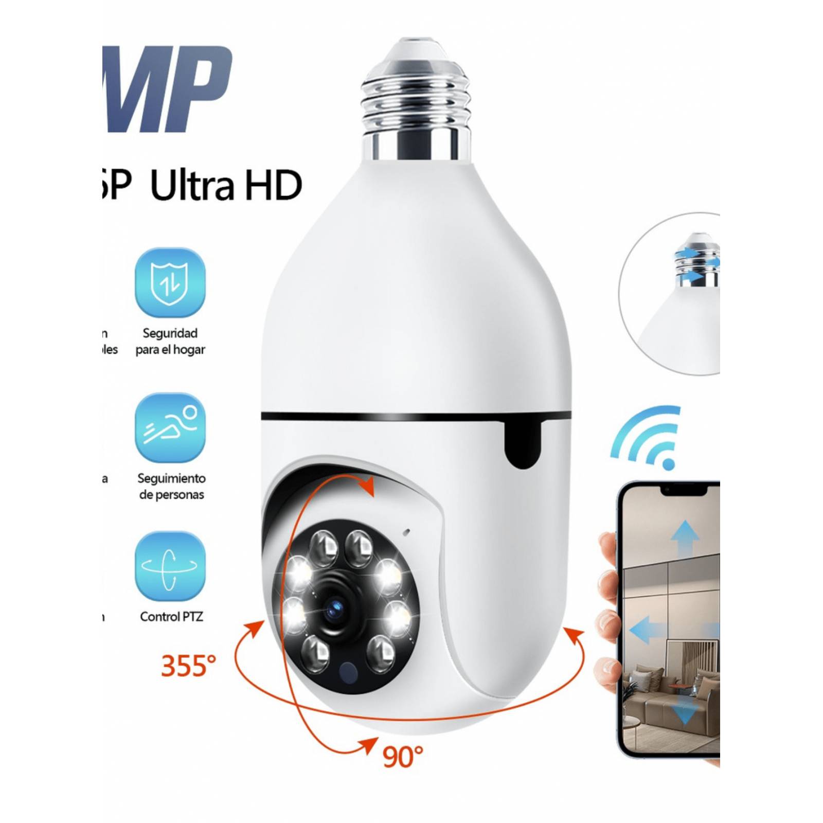 Camara Foco 360 Grados Wifi Ip Seguridad Espía Oculta Hd .