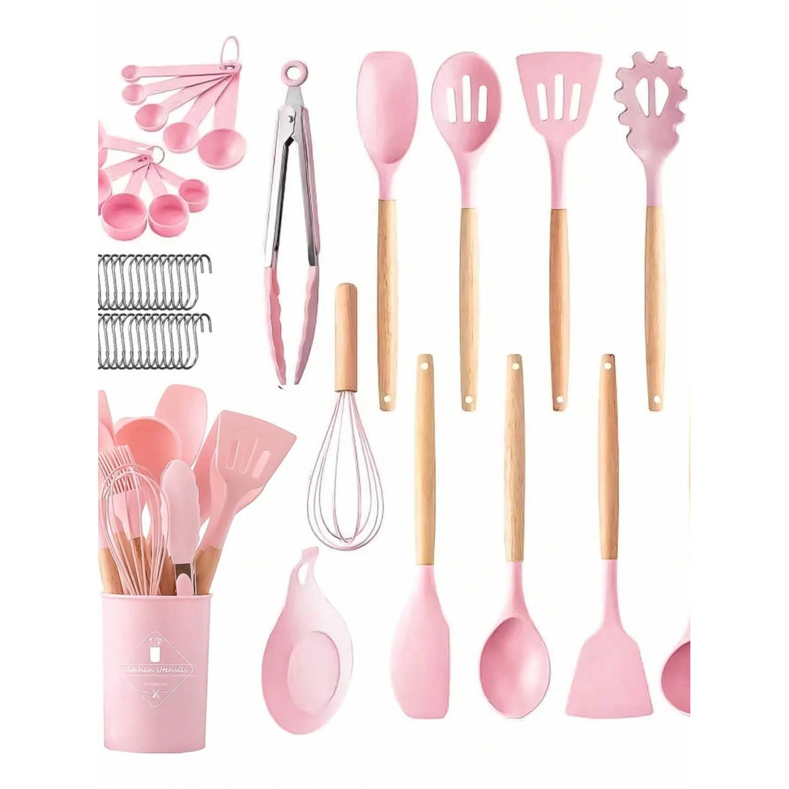 Juego de 5 utensilios de cocina de silicona, espátula de cocina rosa,  batidor de huevos con mango dorado para utensilios de cocina
