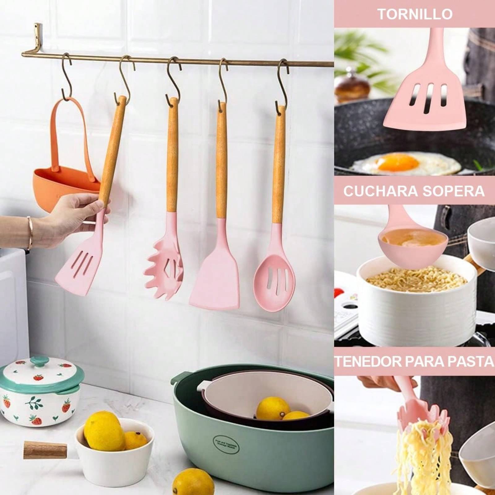 Utensilios De Cocina Mango De Silicona Y Madera 53 Pz.