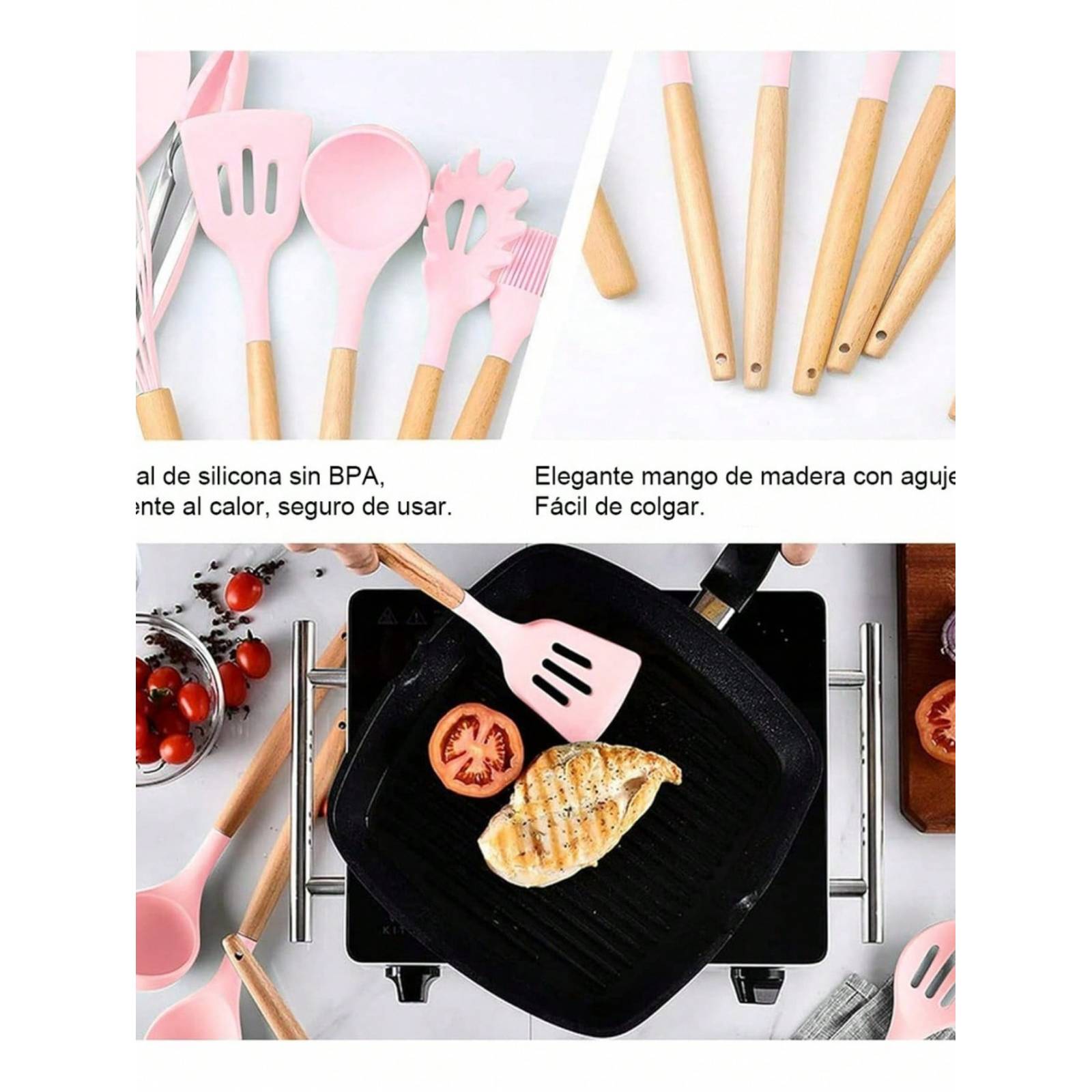 Utensilios De Cocina Mango De Silicona Y Madera 53 Pz.