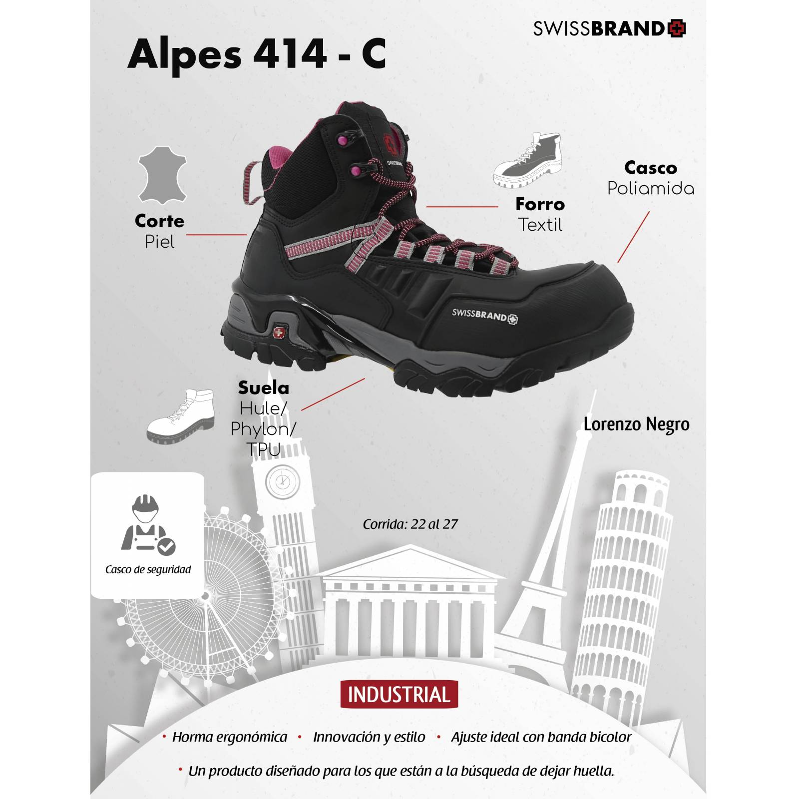 Bota Industrial Swissbrand Alpes 414 C Negro Rosa Dama
