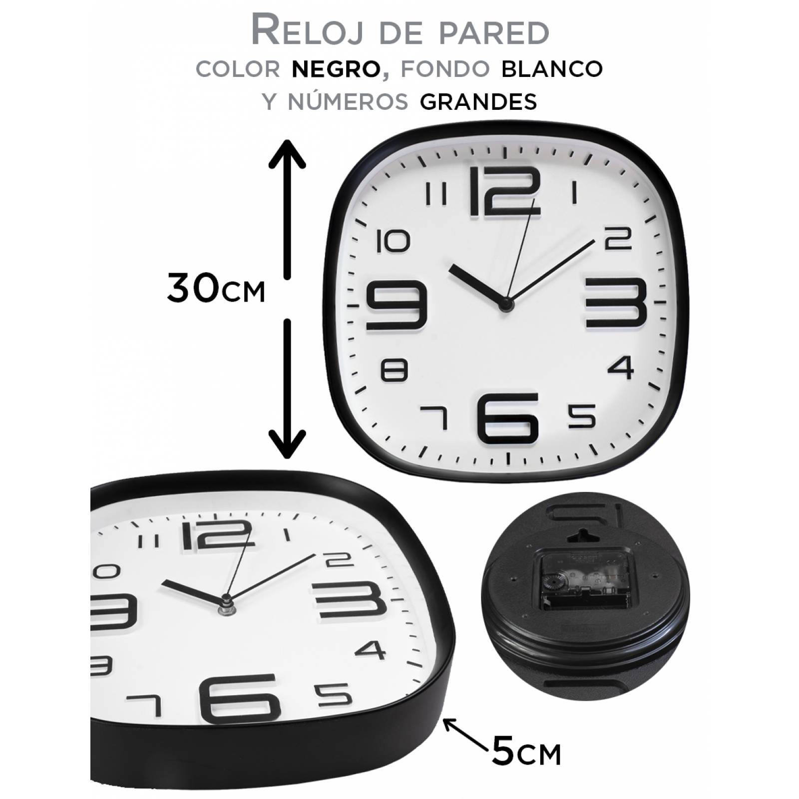 Reloj de Pared de Cocina negro con fondo Blanco