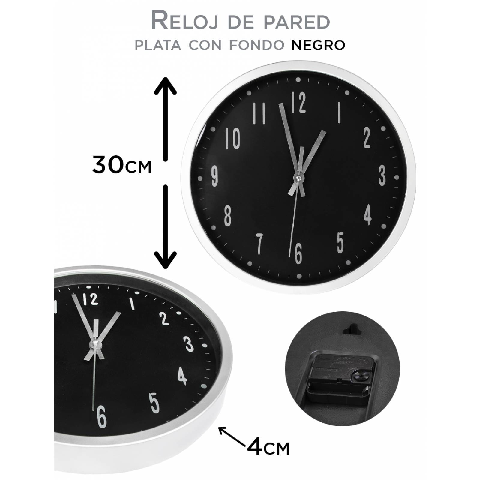 Reloj de Pared Moderno silencioso elegante Plata con fondo negro