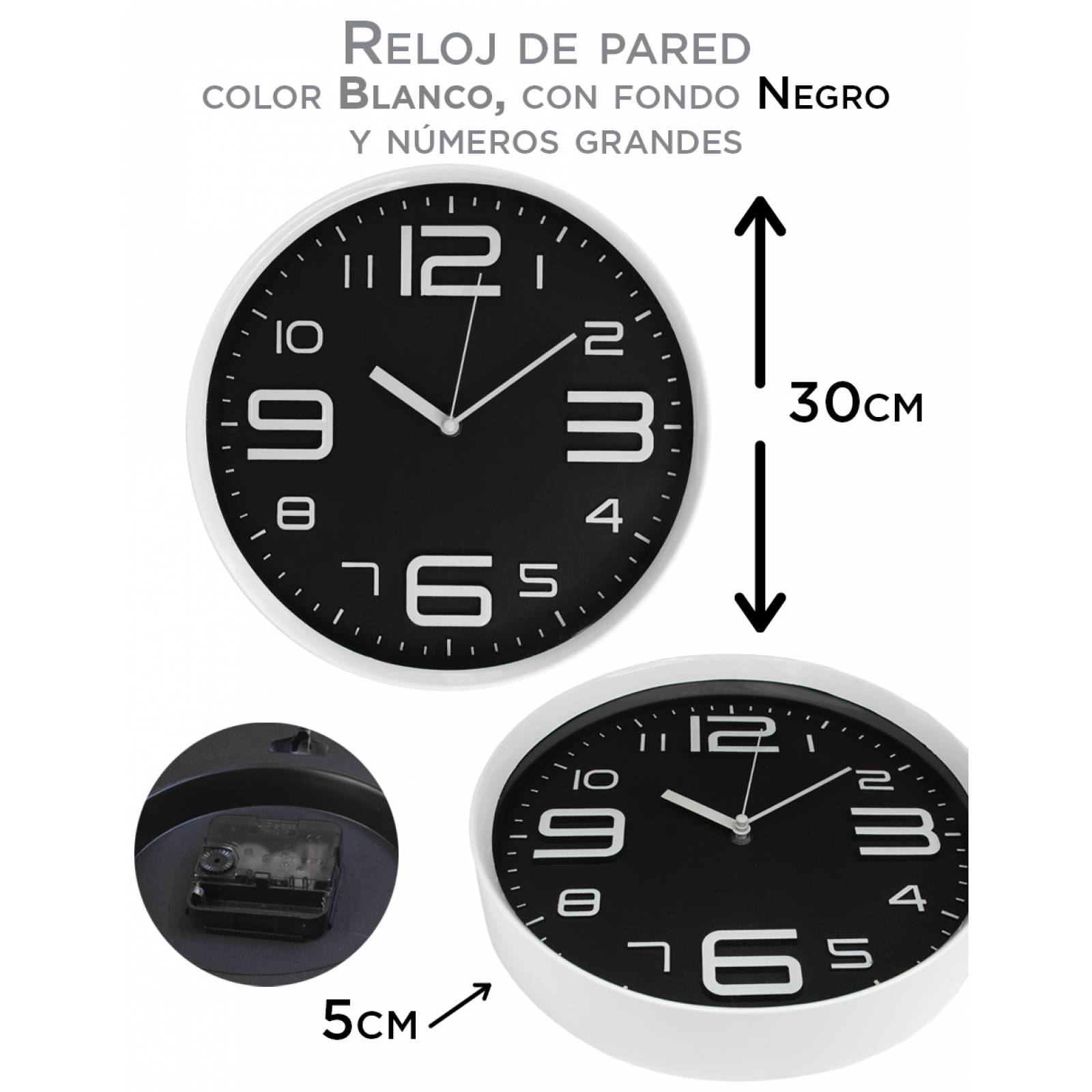 Reloj de Pared Blanco con fondo Negro números grandes