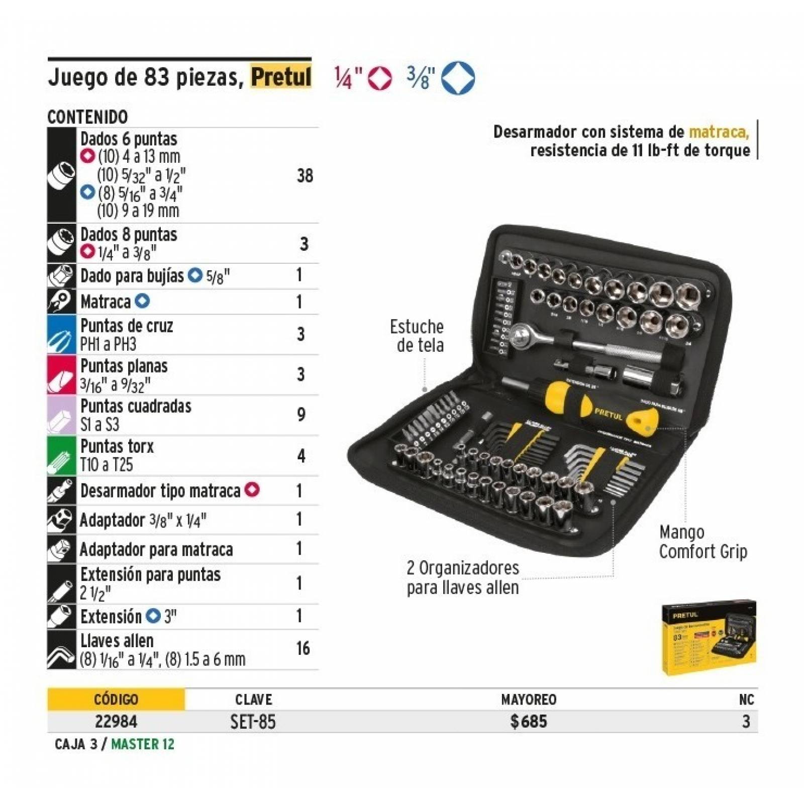 Juego Herramientas Mecánica 85 Piezas Pretul 22984