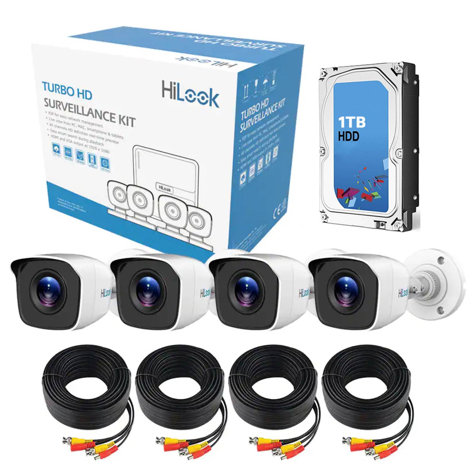 Kit de 4 Cámaras de seguridad Hilook 720p HD Bala color Blanco Policarbonato + Disco duro 1TB KIT7204BP-1TB