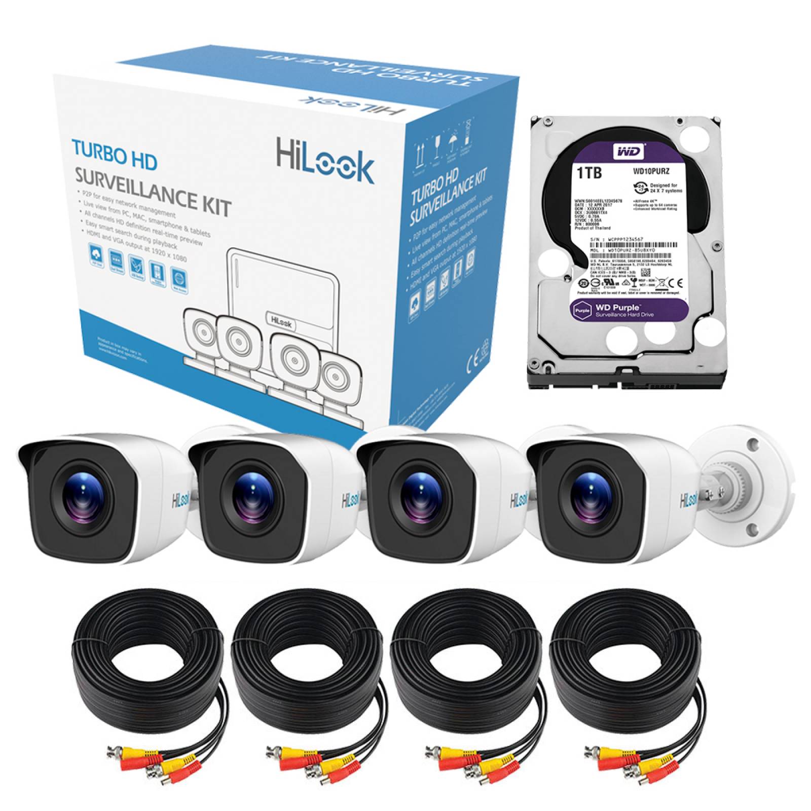 Kit de 4 Cámaras de seguridad Hilook 720p HD DVR de 8 Canales + Disco duro 1TB Kit7208bm