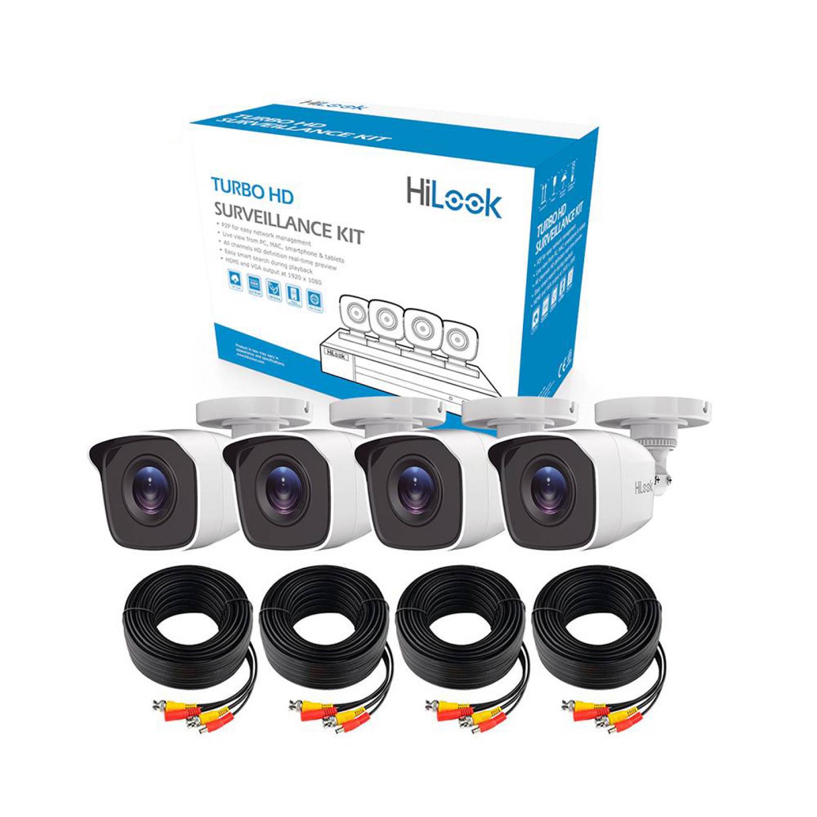 Kit de 4 Cámaras de Seguridad Hilook 1080p HD Bala Metálicas color Blanco HL24LQKITS-M