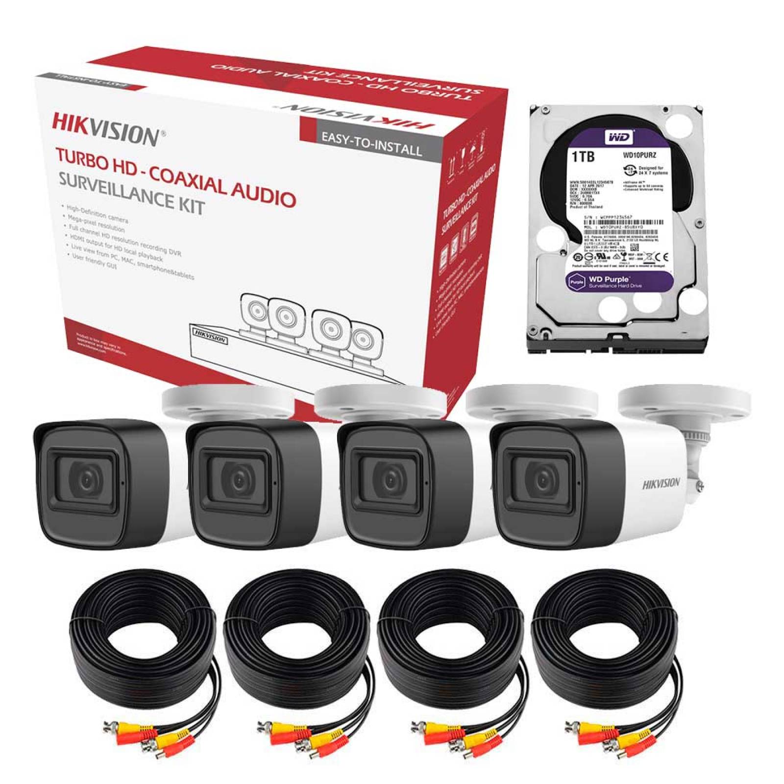 Kit de 4 Cámaras de Seguridad Hikvision 5 Megapixel con Micrófono + Disco duro 1TB HIK5MPSLQ-KIT-1TB