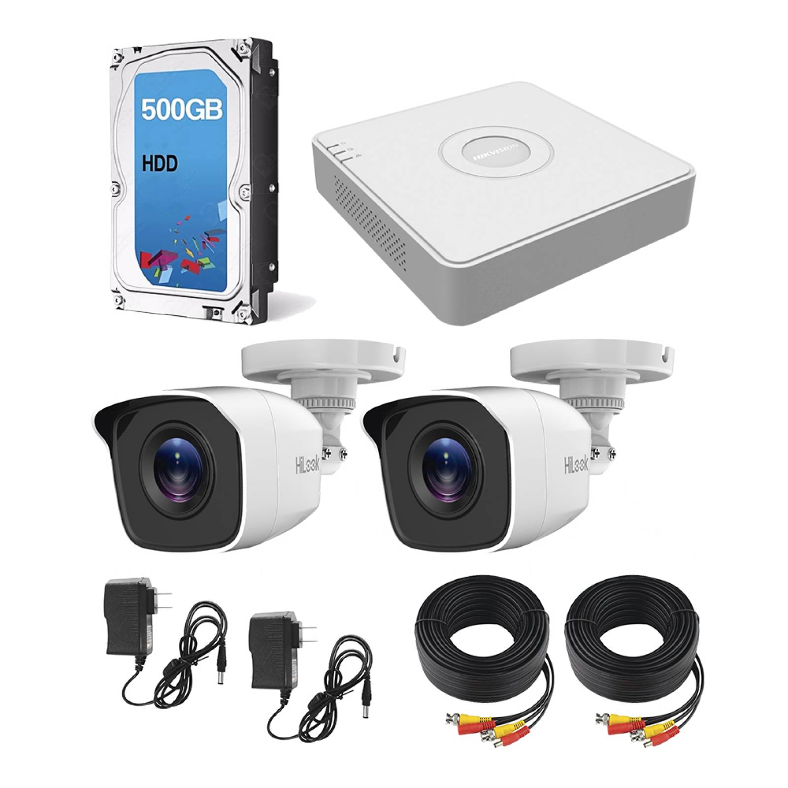 Kit de 2 Cámaras de seguridad HiLook Tipo Bala 1080p Full HD Metal + Disco Duro 500GB KIT10802BM