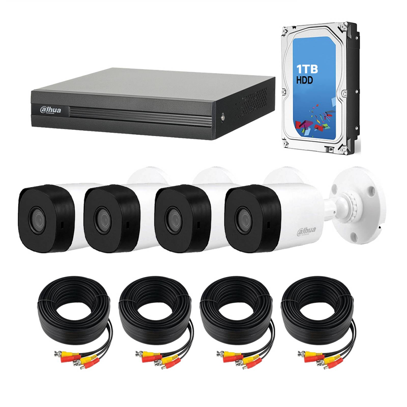 Kit de 4 Cámaras de seguridad DAHUA 1080p HD Bala color Blanco + Disco Duro 1TB
