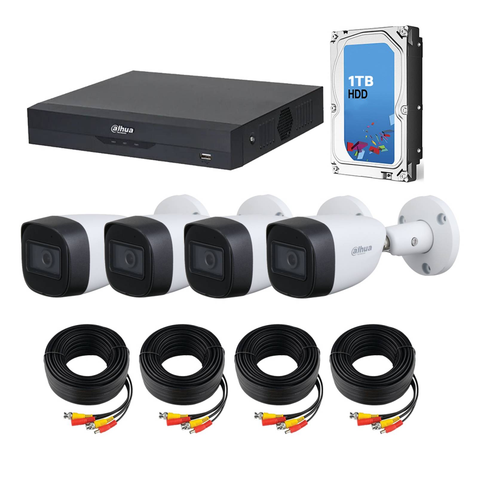 Kit de 4 Cámaras de seguridad DAHUA 5 Megapixeles  Microfono Integrado Bala Metalicas color Blanco + Disco Duro 1TB