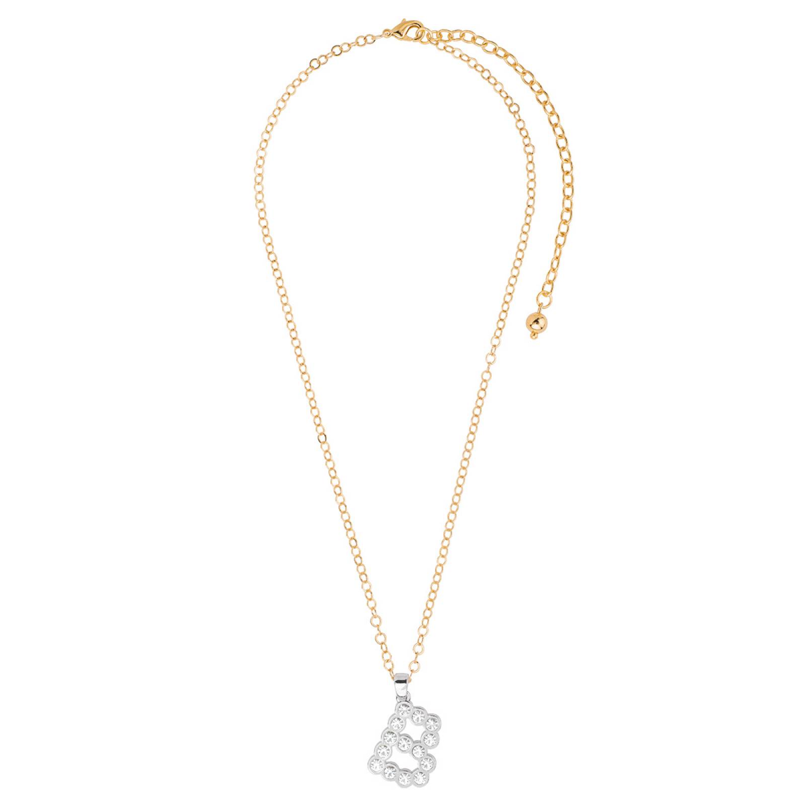 Dije con cadena letra "B" Nice para dama 4 baños de oro de 18 k, platino y piedra en color cristal.