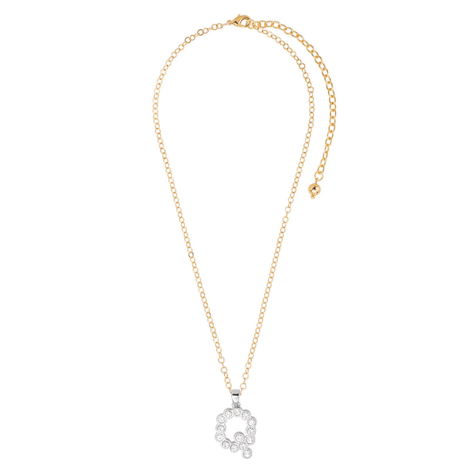 Dije con cadena letra "Q" Nice para dama 4 baños de oro de 18 k, platino y piedra en color cristal.