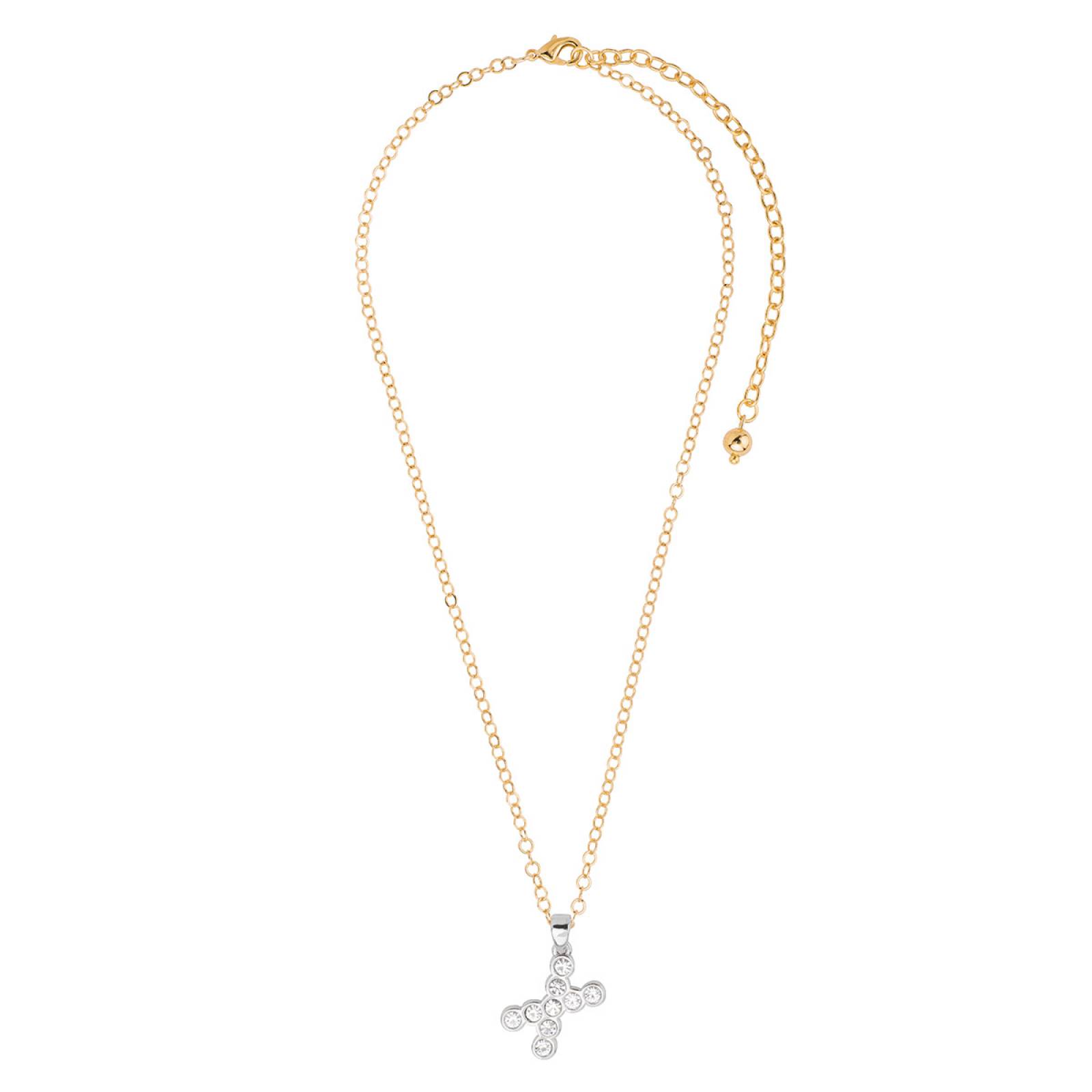 Dije con cadena letra "X" Nice para dama 4 baños de oro de 18 k, platino y piedra en color cristal.