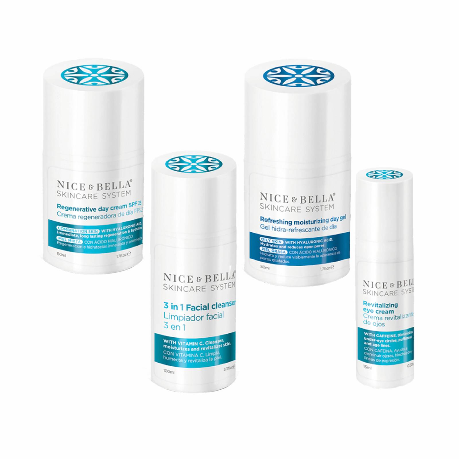 Kit 4 de skincare Nice (Limpiador facial 3 en 1 100 ml + Gel hidra-refrescante de día  50ml + Crema ultra-hidratante de día 50ml + Crema redensificante de noche  50ml)