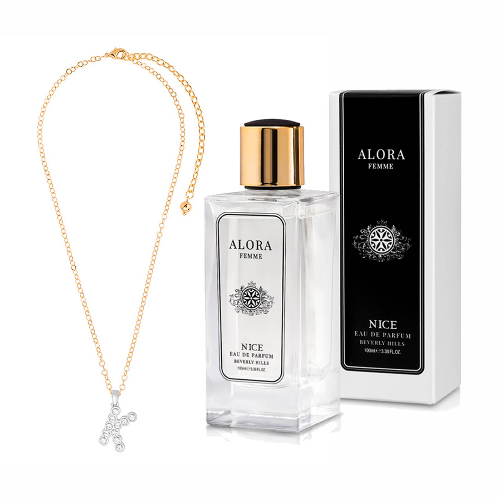 Perfume Alora Mujer Nice eau de parfum 100ml + Dije con cadena letra "K" Dama, 4 baños de oro de 18 k