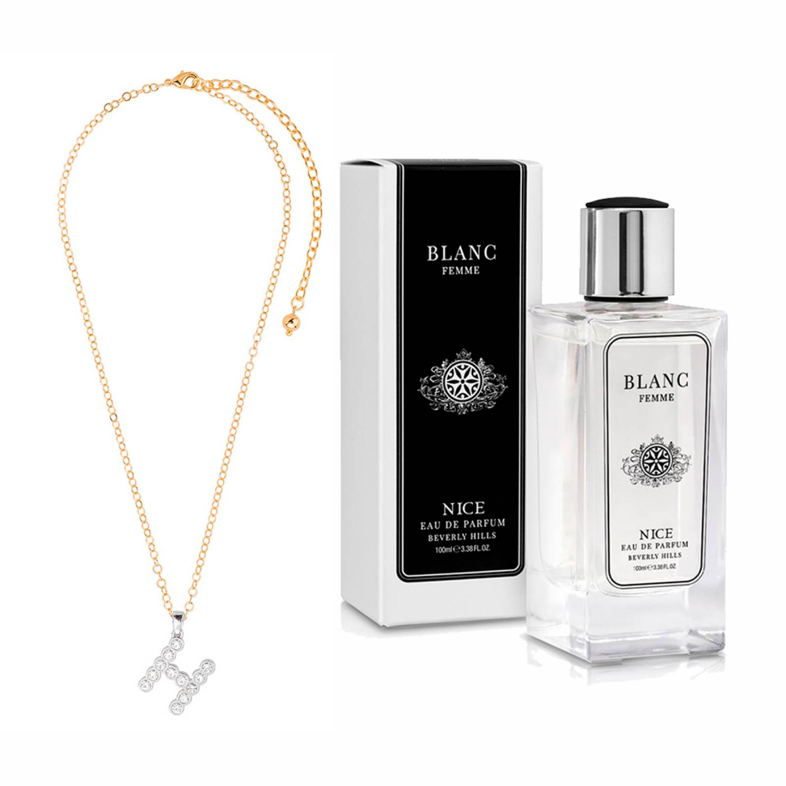 Perfume Blanc Mujer Nice eau de parfum 100ml + Dije con cadena letra "H" Dama, 4 baños de oro de 18 k
