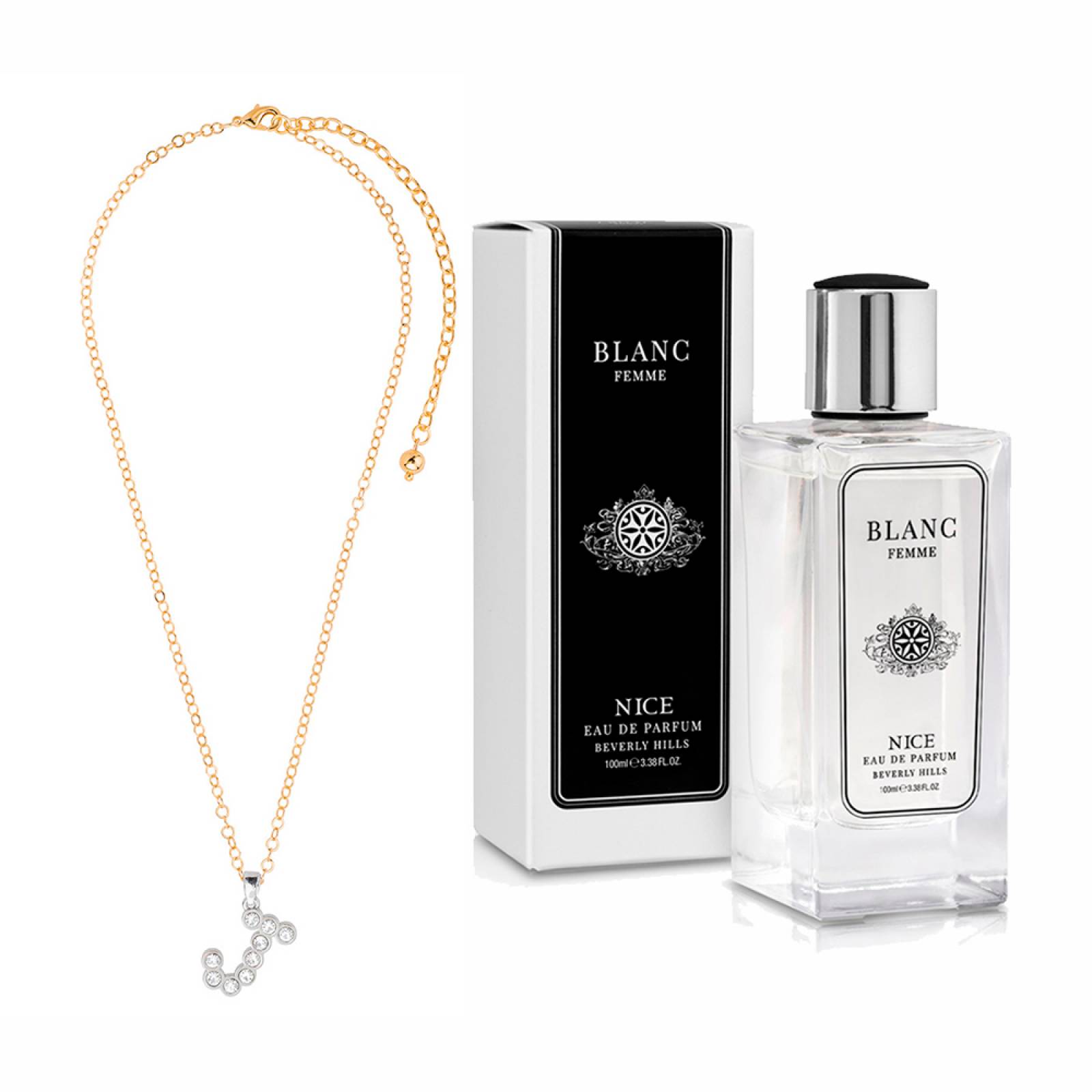 Perfume Blanc Mujer Nice eau de parfum 100ml + Dije con cadena letra "J" Dama, 4 baños de oro de 18 k