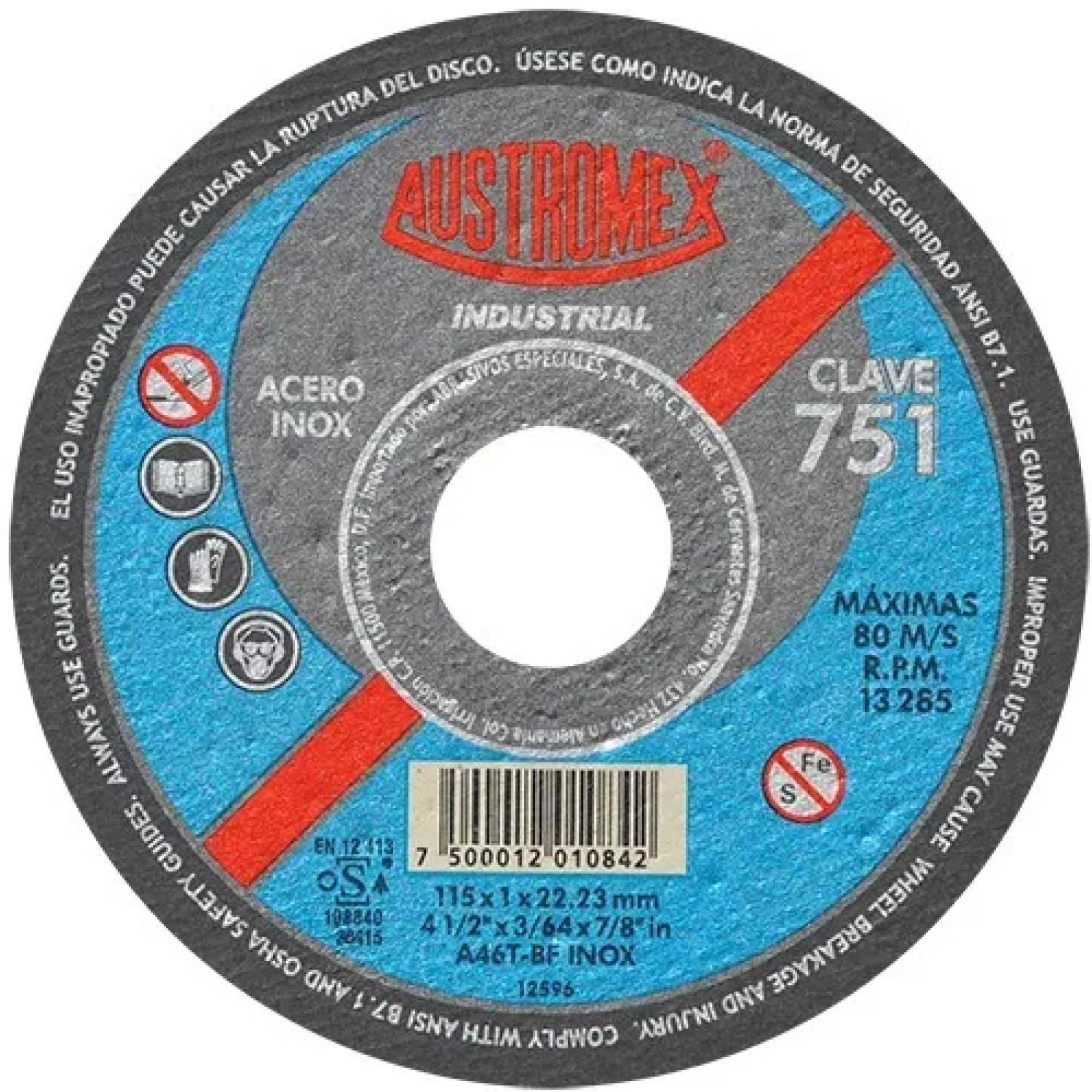 CAJA CON 50 PZ Disco De Corte Fino Inoxidable 4-1/2x3/64x7/8 751 Austromex
