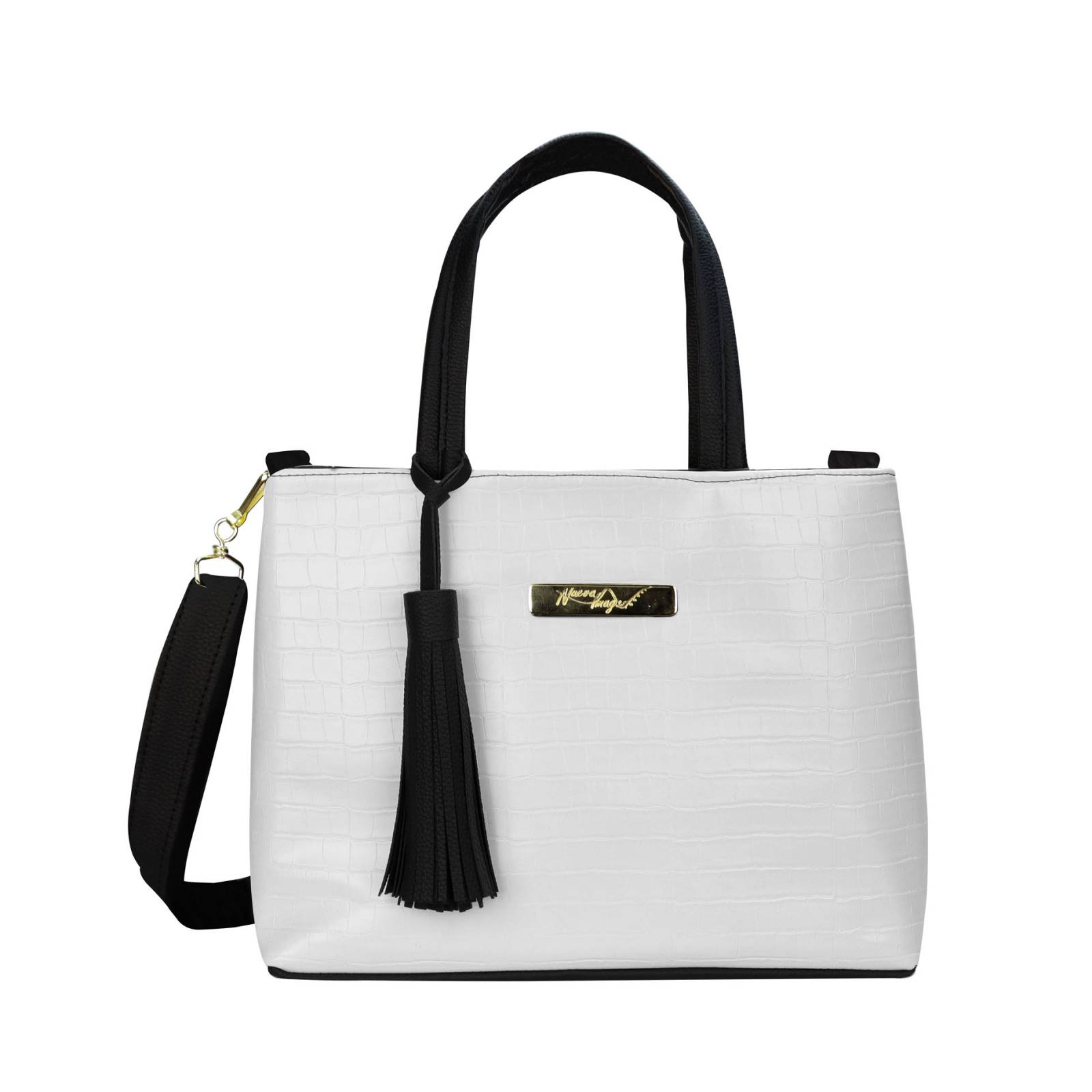 Bolsa Para Dama Blanco Drilo Negro Sintético Paloma Nueva Imagen.