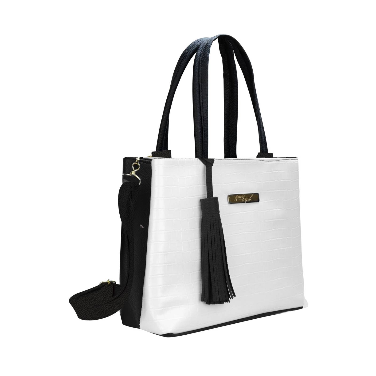 Bolsa Para Dama Blanco Drilo Negro Sintético Paloma Nueva Imagen.