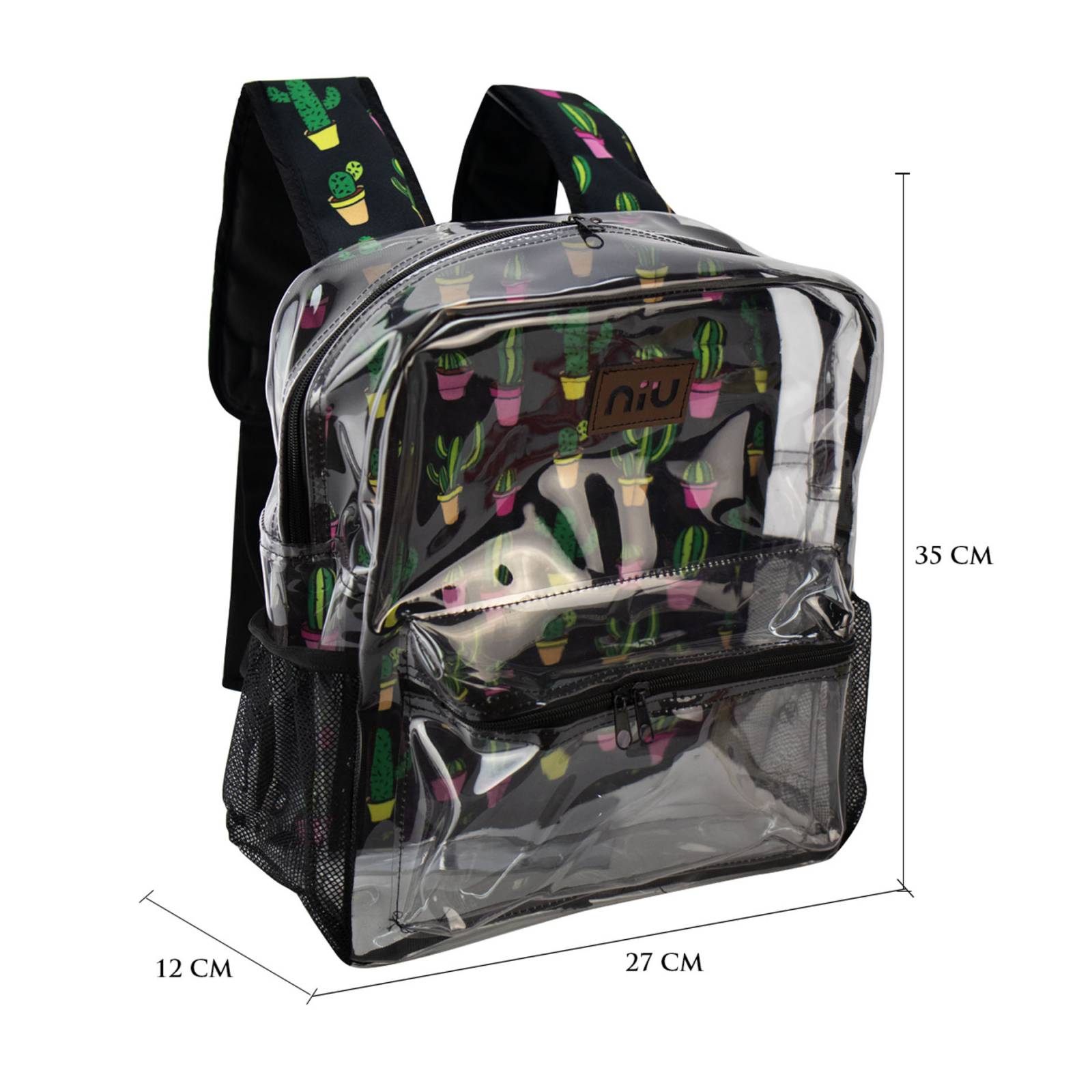 Mochila Escolar Negro Transparente Cactus Plastico Florida Nueva Imagen