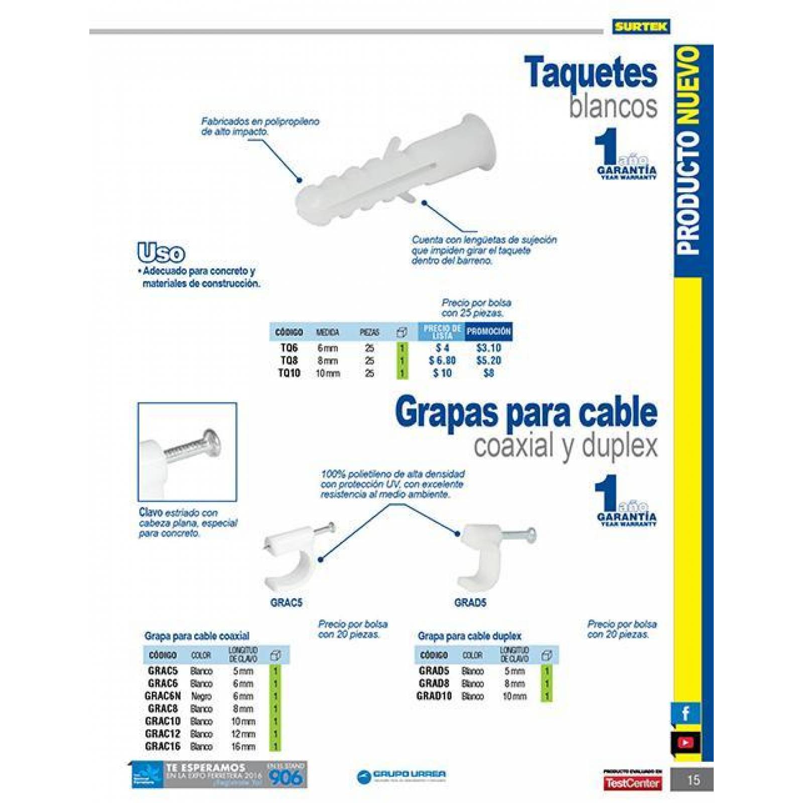 Grapa para cable coaxial 16 mm blanco 20 piezas Surtek GRAC16 