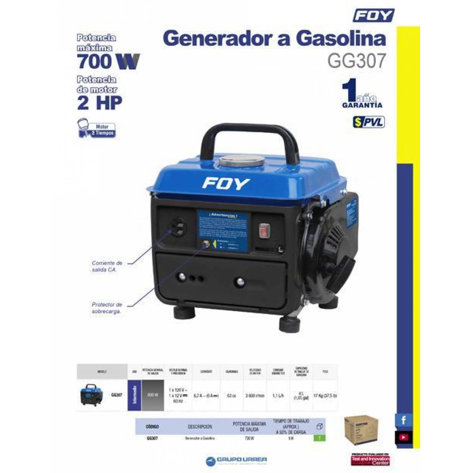 Generador a gasolina 120 V, 63 cc, 600W, capacidad 4L Foy GG307 