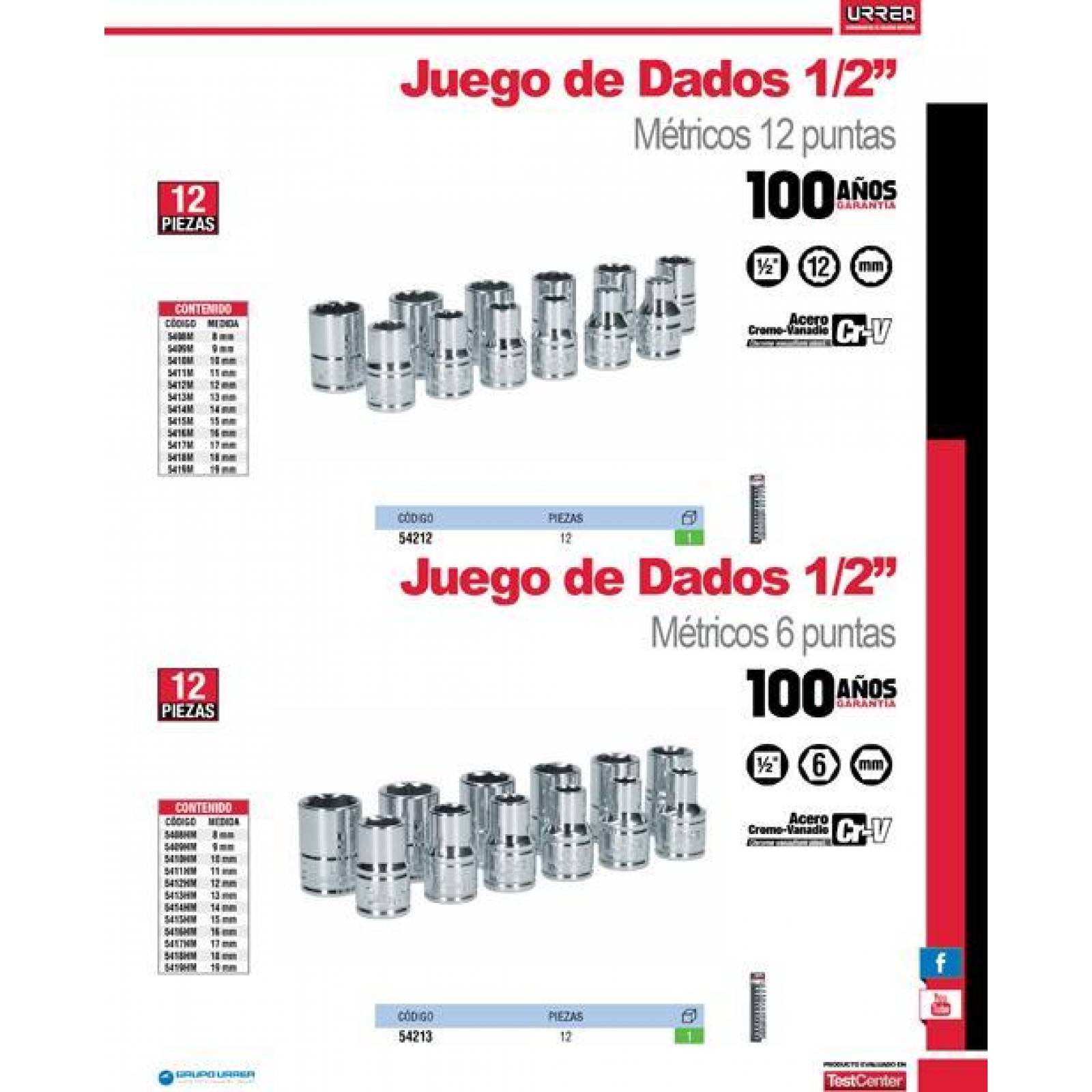 Juego de 12 dados metricos boca 1/2" de 12 puntas Urrea 54212 