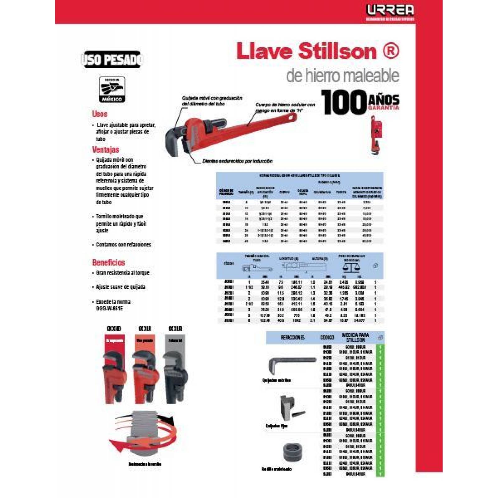 Llave stillson de hierro maleable de 10", uso pesado Urrea 810UI