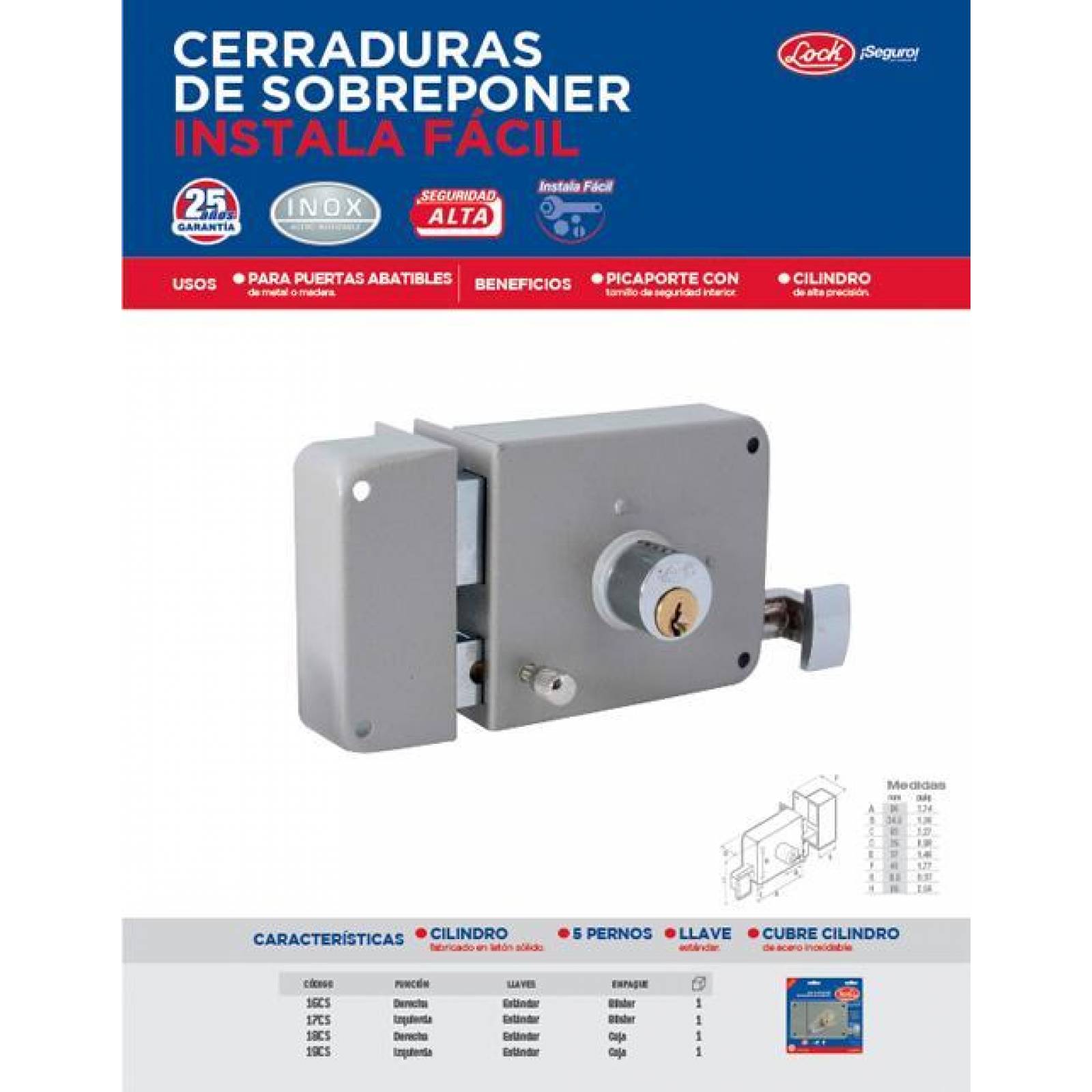 Cerradura sobrepone instalafáci izq estándar caja color Lock 19CS 