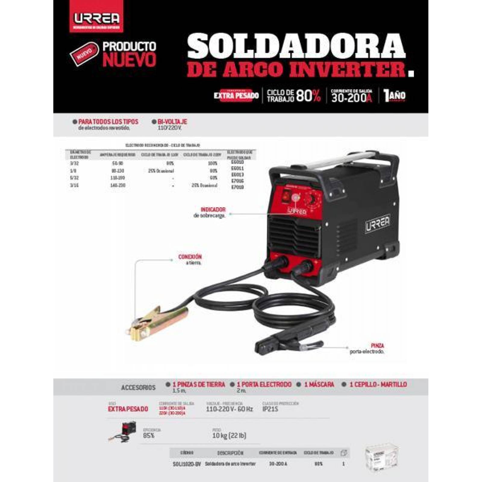Soldadora inverter bi-voltaje de 110V/220V Urrea SOLI1020-BV