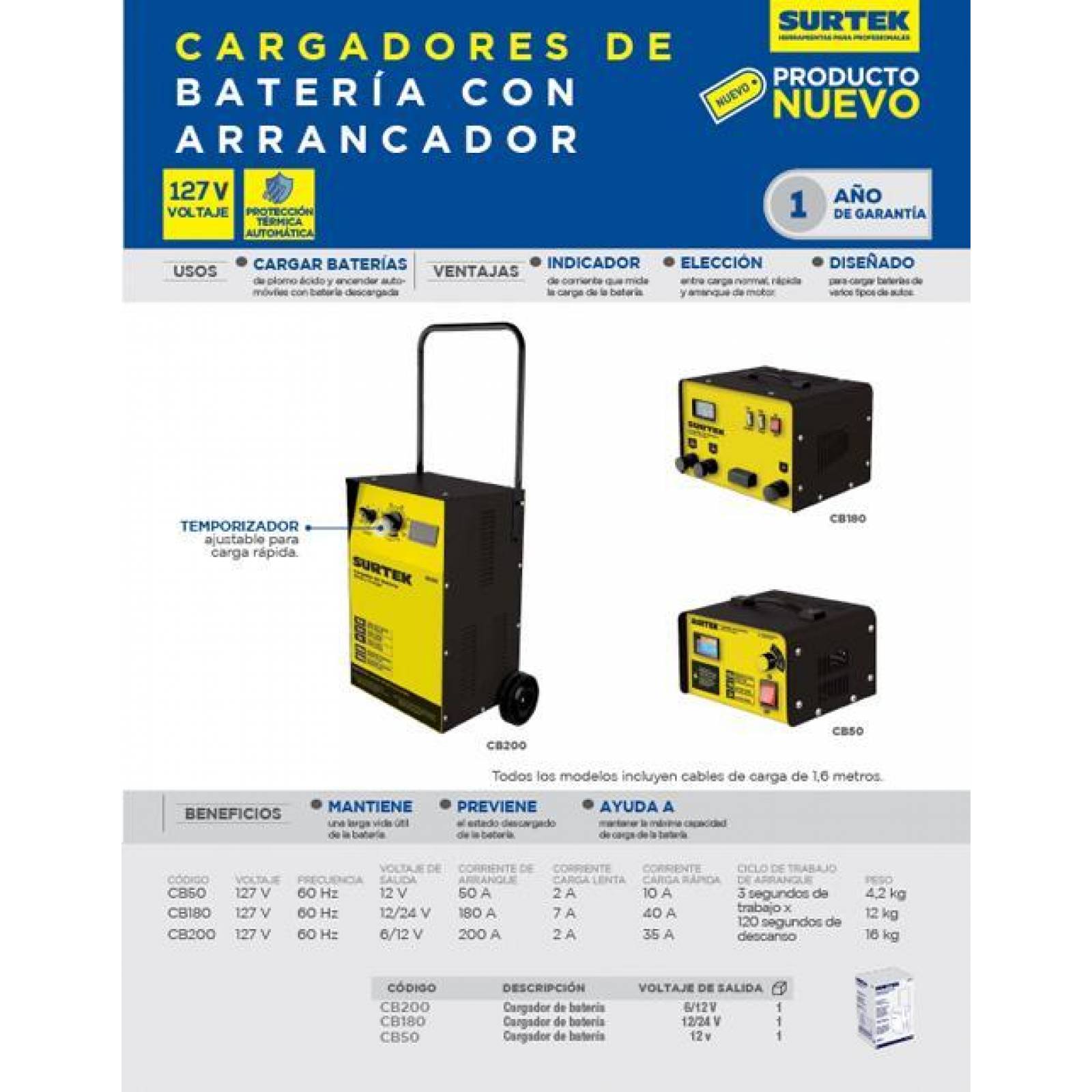 Cargador batería arrancador 200 de 127 V, frec 60 Hz Surtek CB200