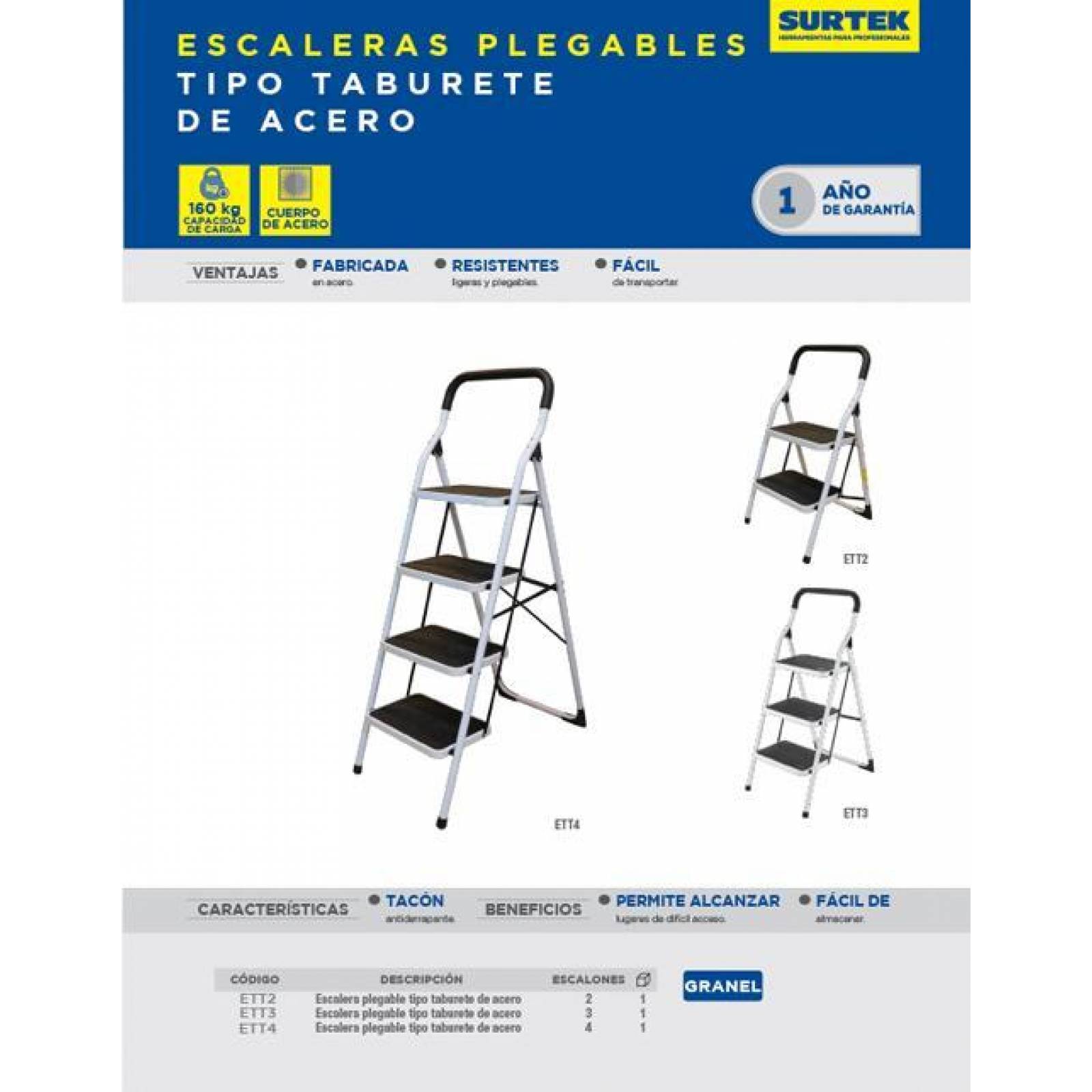 Escalera tubular plegable taburete acero 3 escalones Surtek. ETT3