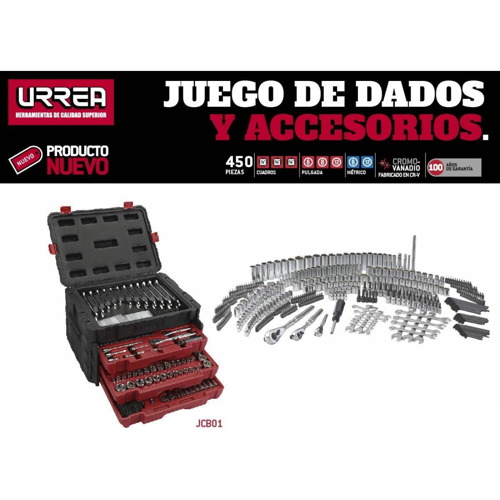 Jgo dados y accesorios comb 450 pzas estuche plástico Urrea. JCB01 
