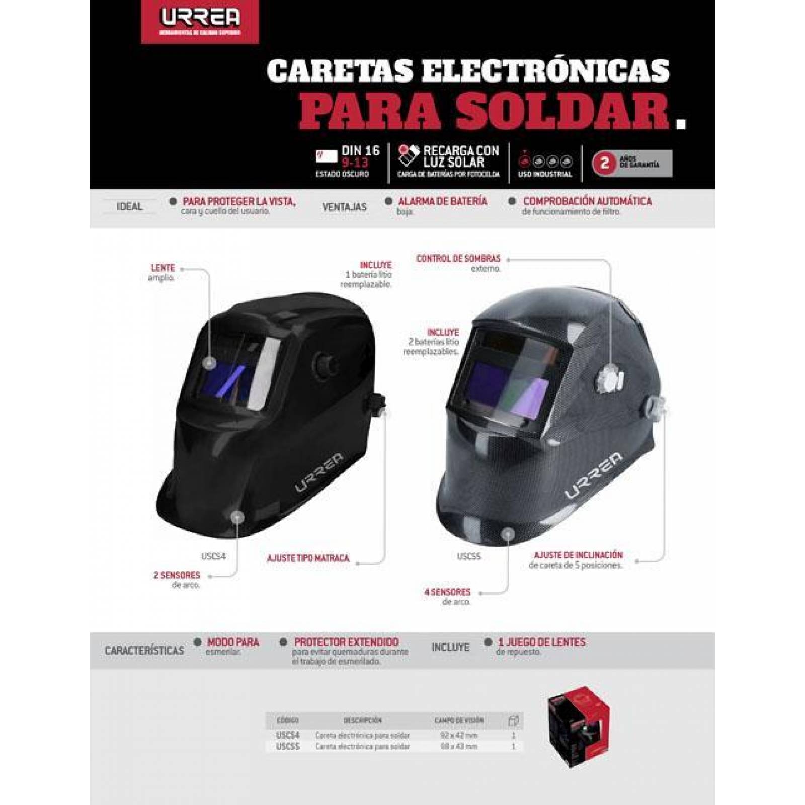 Careta para soldar elec nivel sombra 9-13 1 batería Li Urrea USCS4