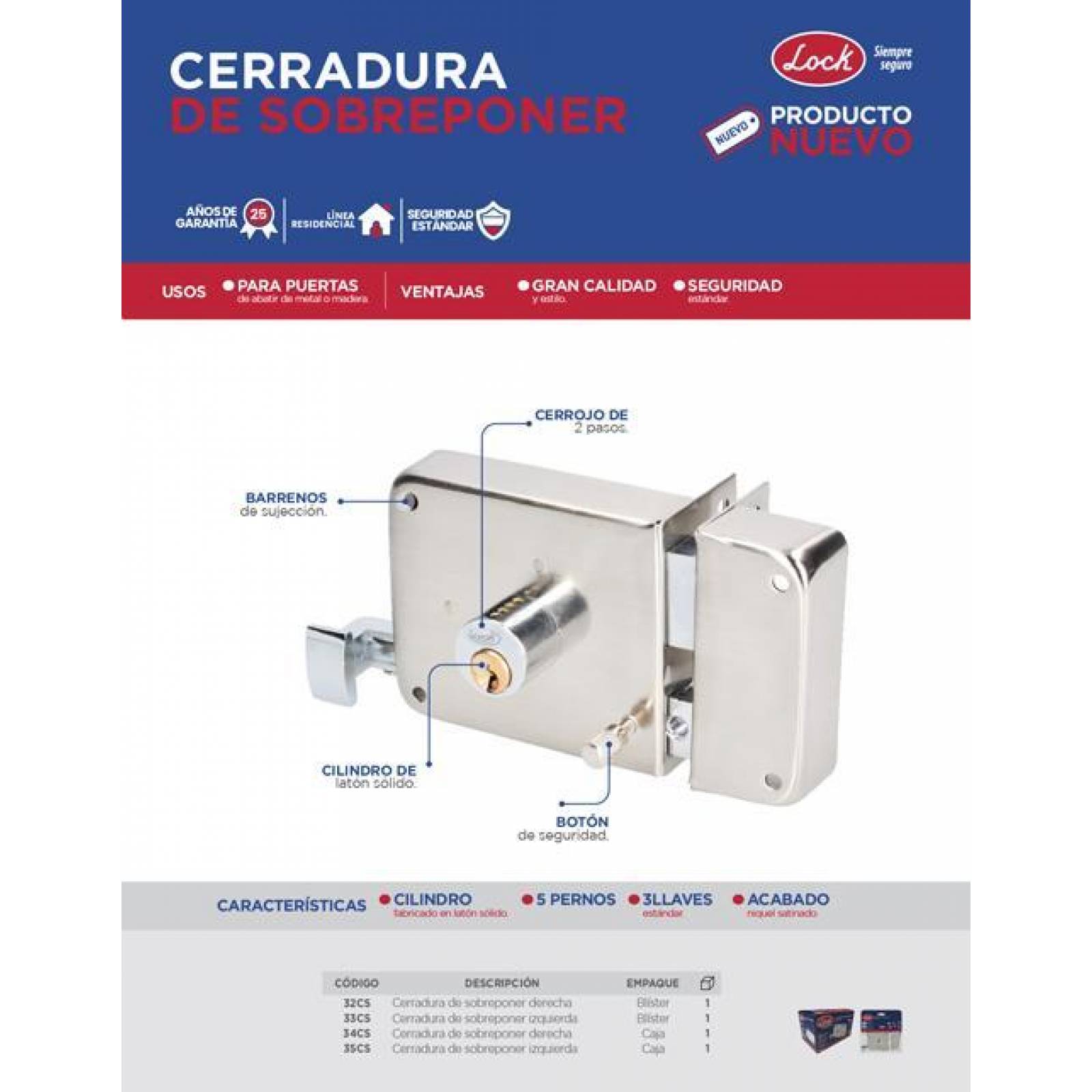 Cerradura sobreponer llave estándar izquierda en caja Lock 35CS