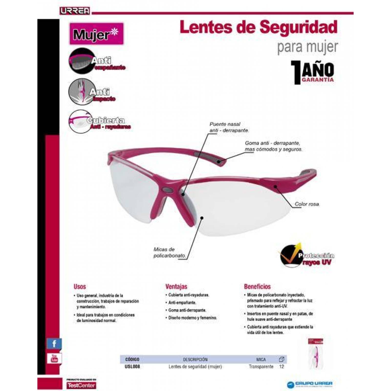 Urrea Lentes de seguridad para mujer marco rosa mica transparente USL008 