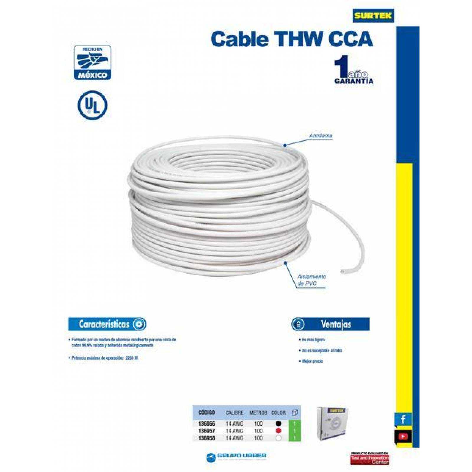 Surtek Cable THW calibre 14 100 M Rojo (Cobre - Aluminio) 136957 