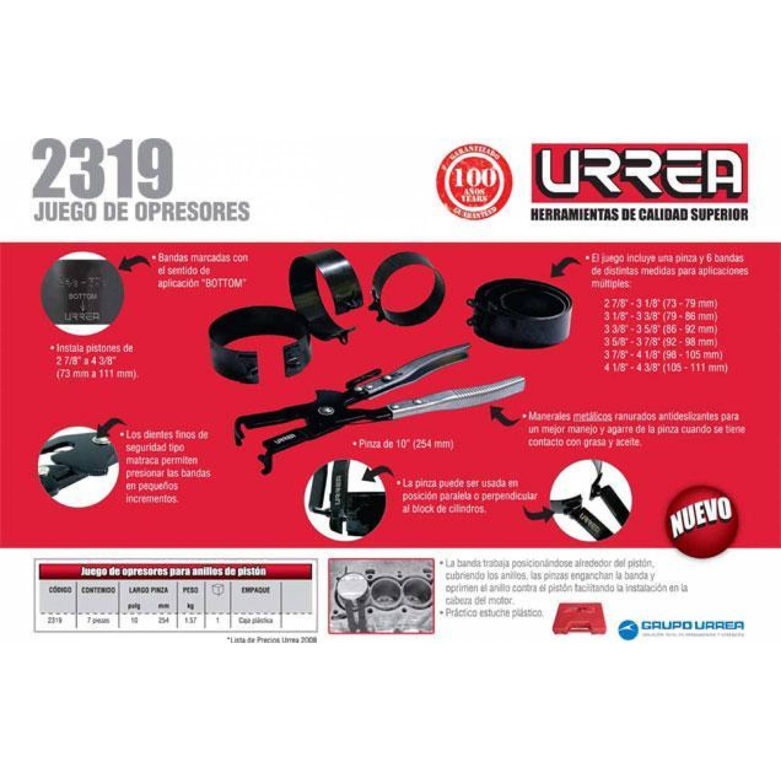 Juego de opresor anillos de pistón 7 piezas Urrea 2319 