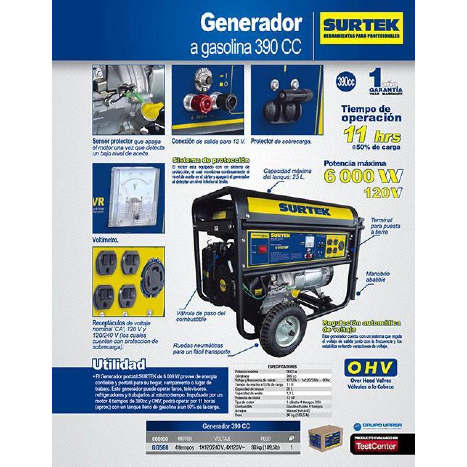 Generador a gasolina 6.0kW max Surtek GG560 