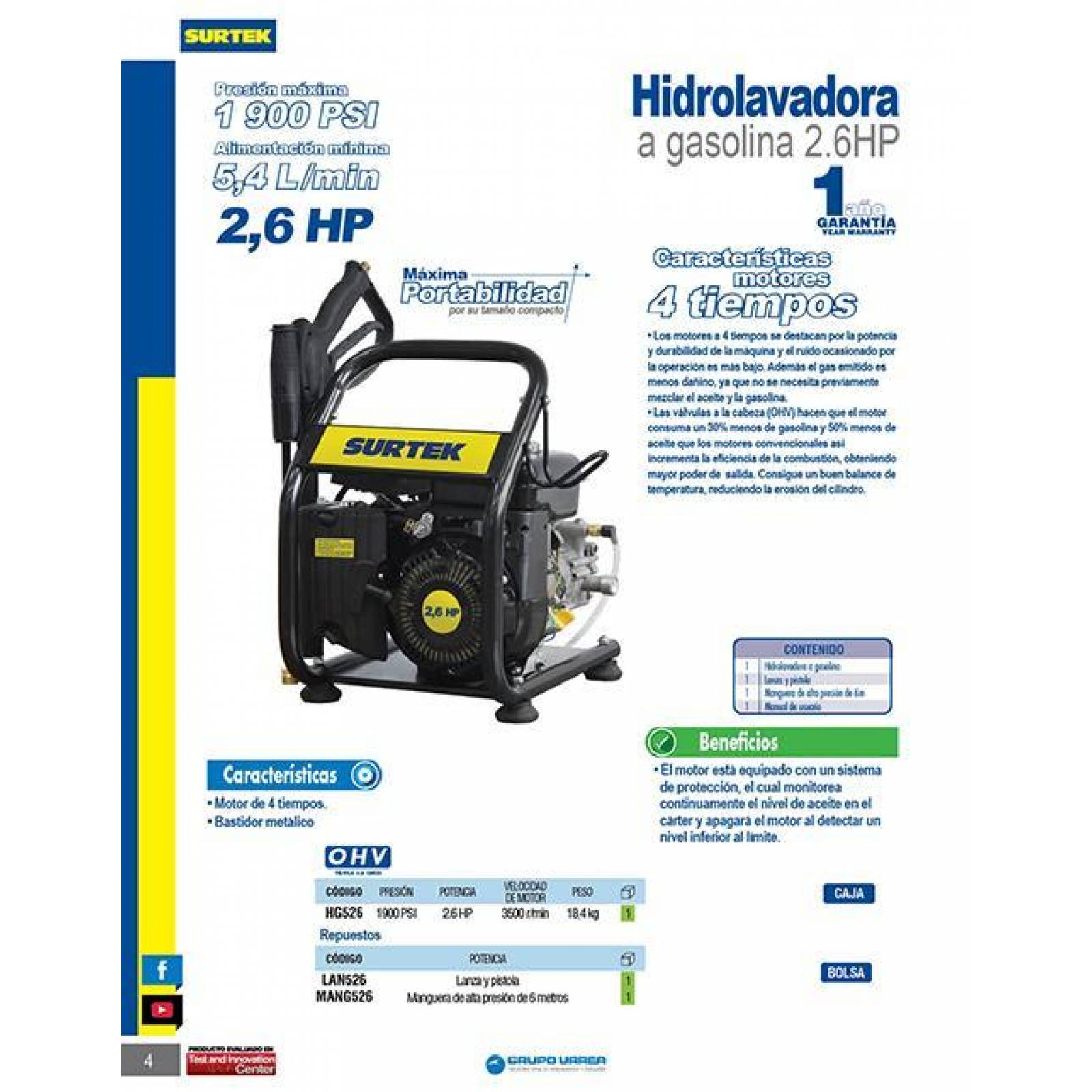 Hidrolavadora gasolina 2.6HP Surtek HG526 