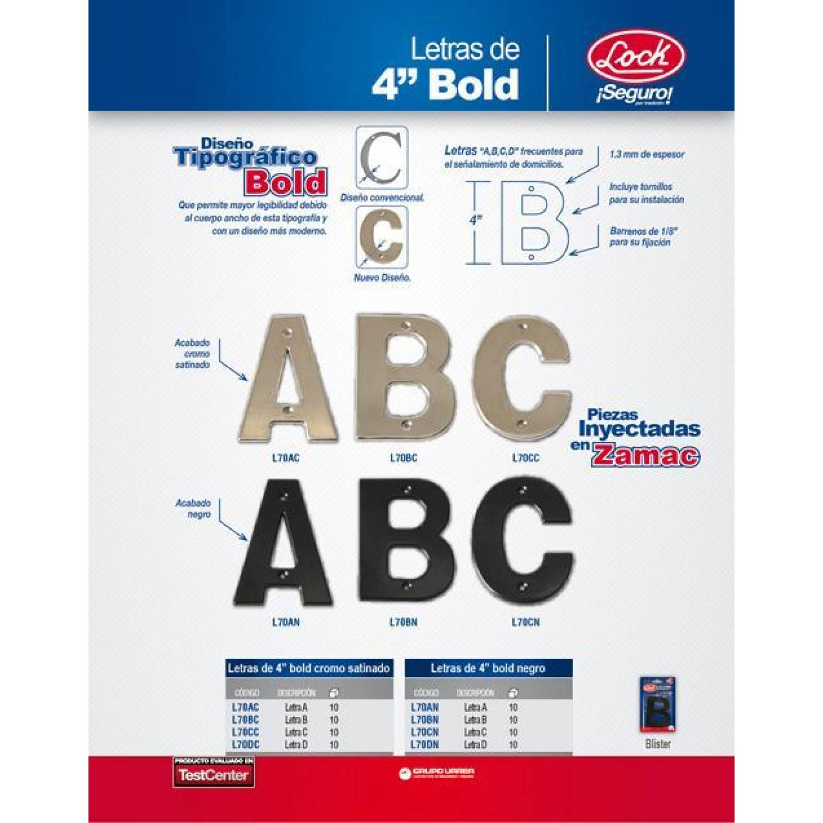 Letra B bold 4" cromo satinado Lock L70BC 