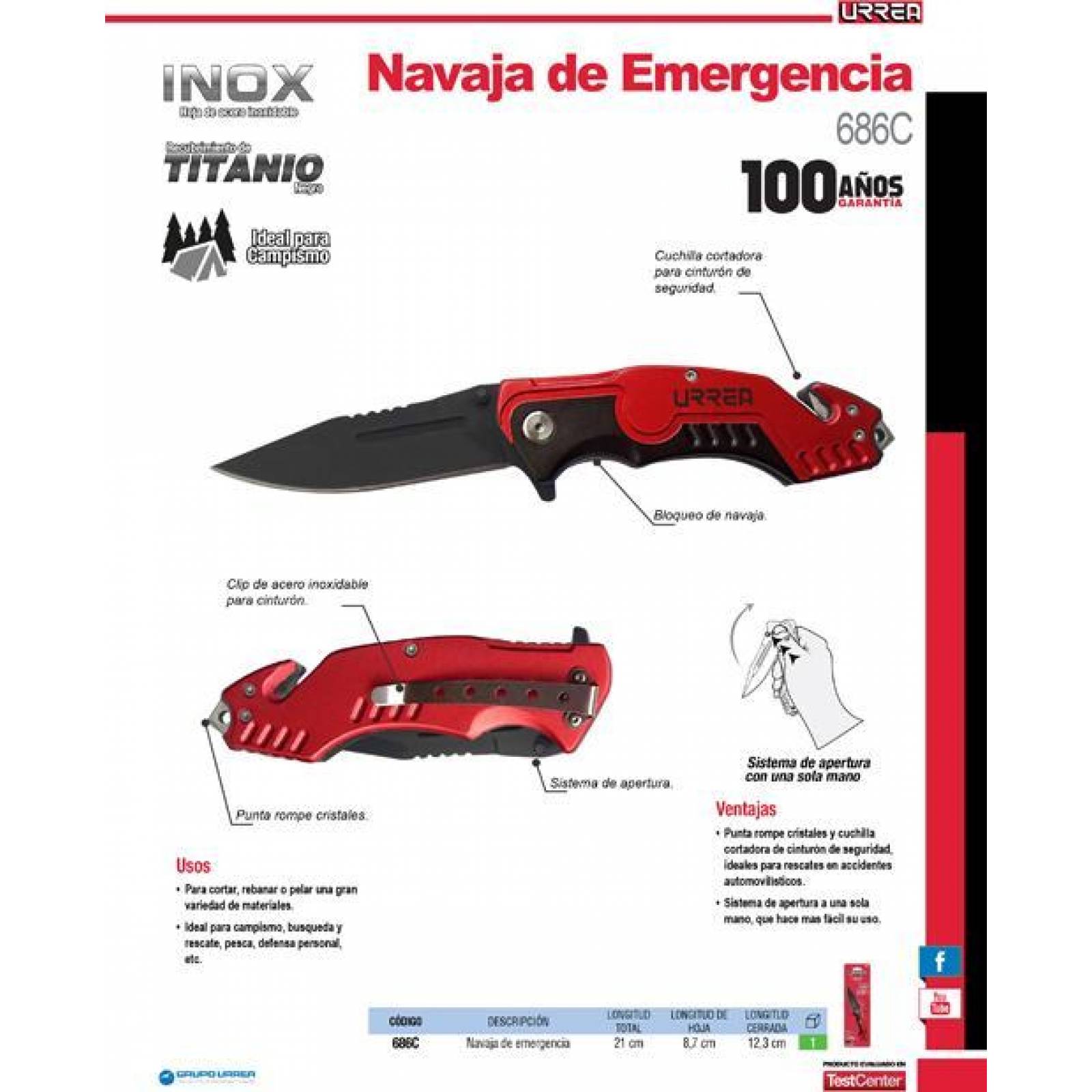 Navaja abatible de 1 hoja para emergencias Urrea 686C 