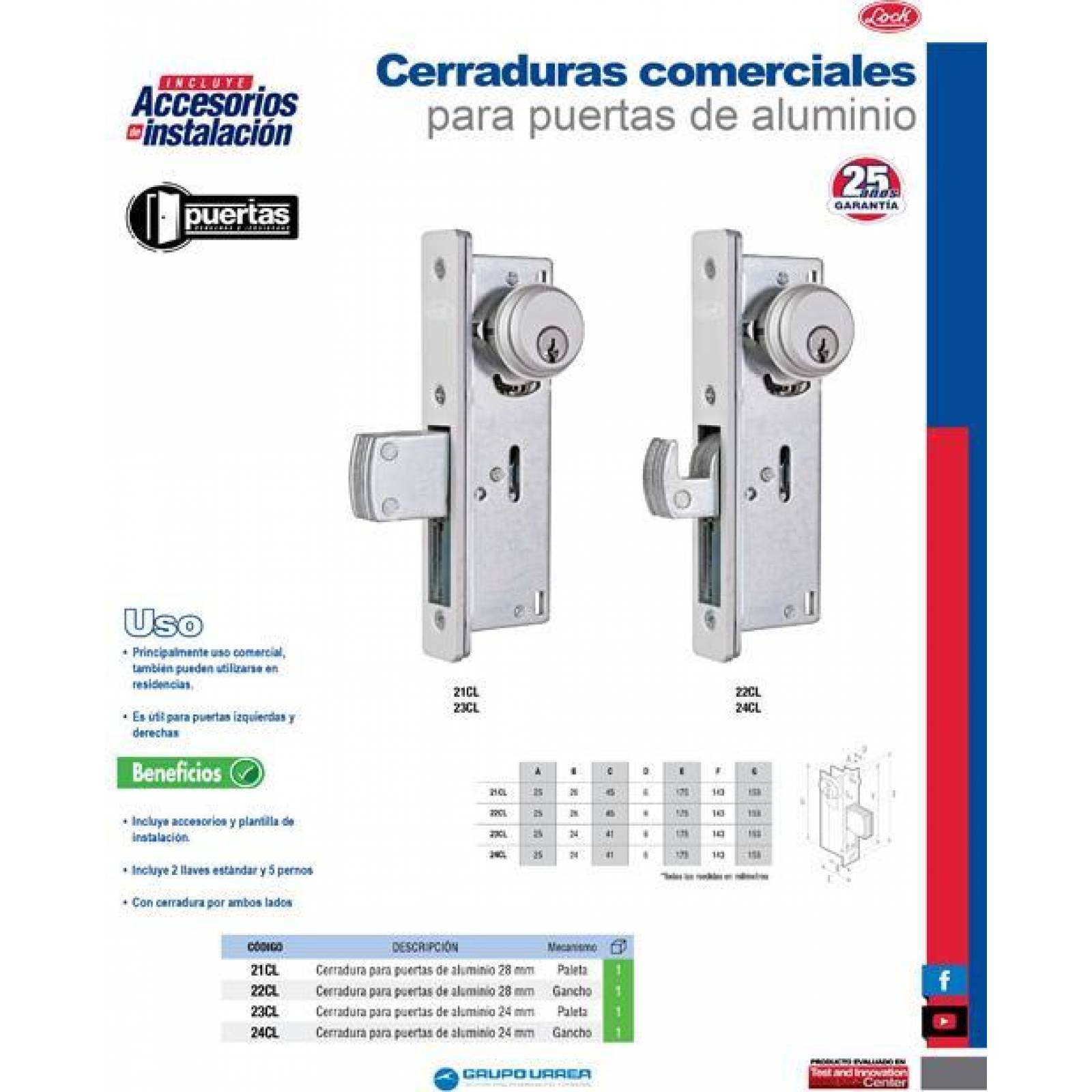 Cerradura para puerta de aluminio 28mm función paleta Lock 21CL 