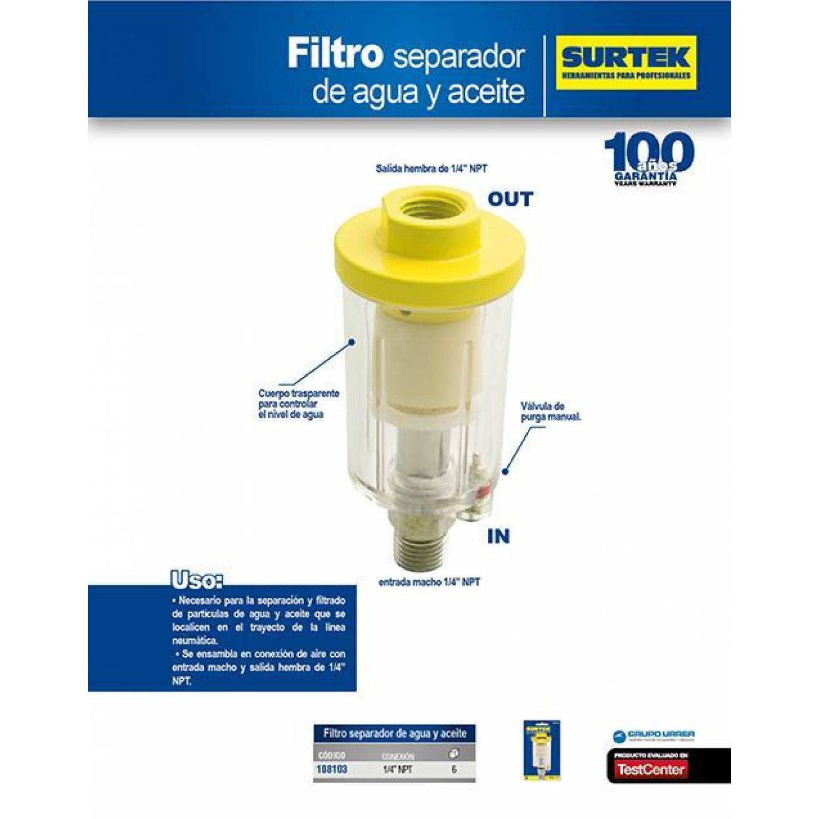 Filtro separador agua y aceite 1/4" NPT Surtek 108103 