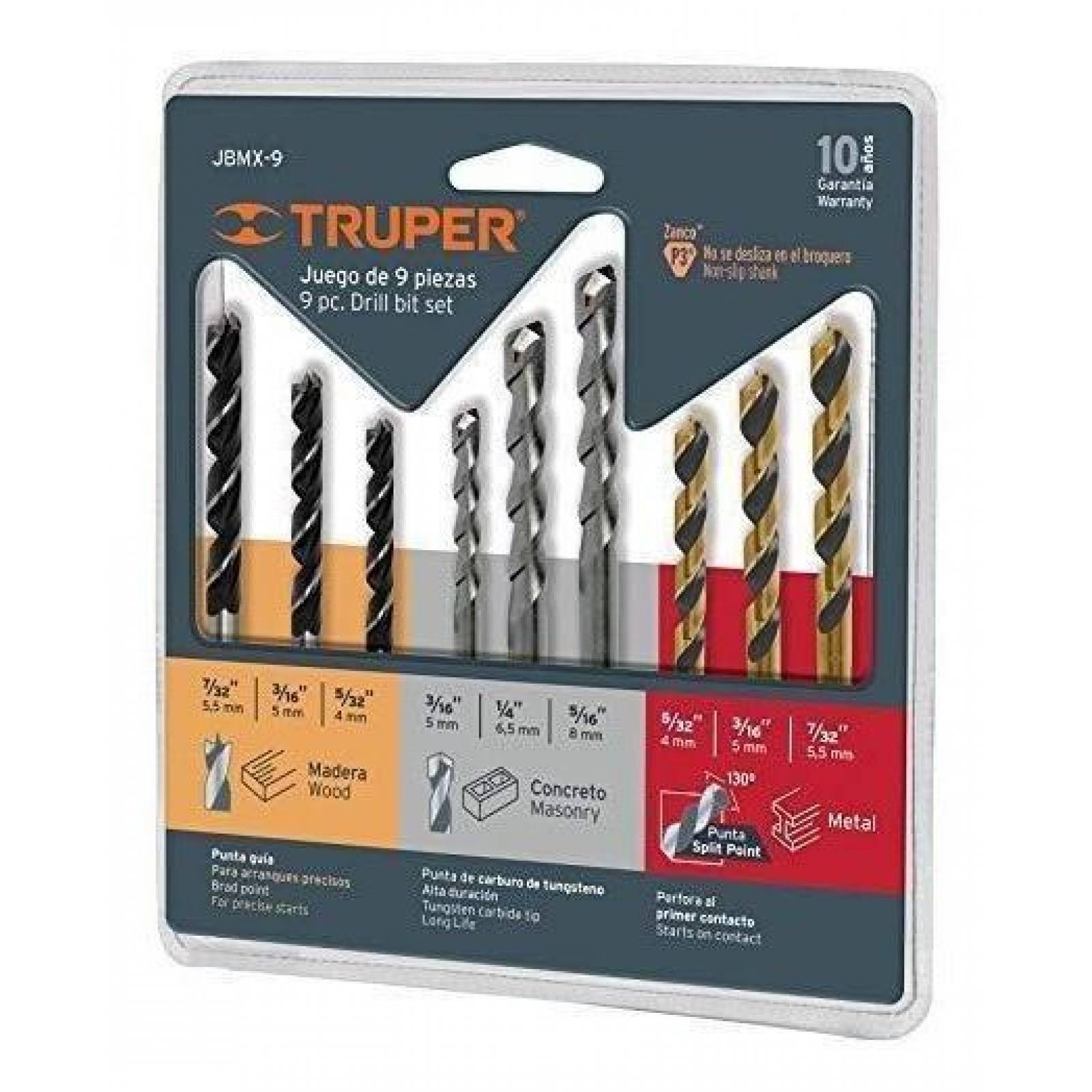 Juego de 9 brocas para metal, concreto y madera, Truper 11339 