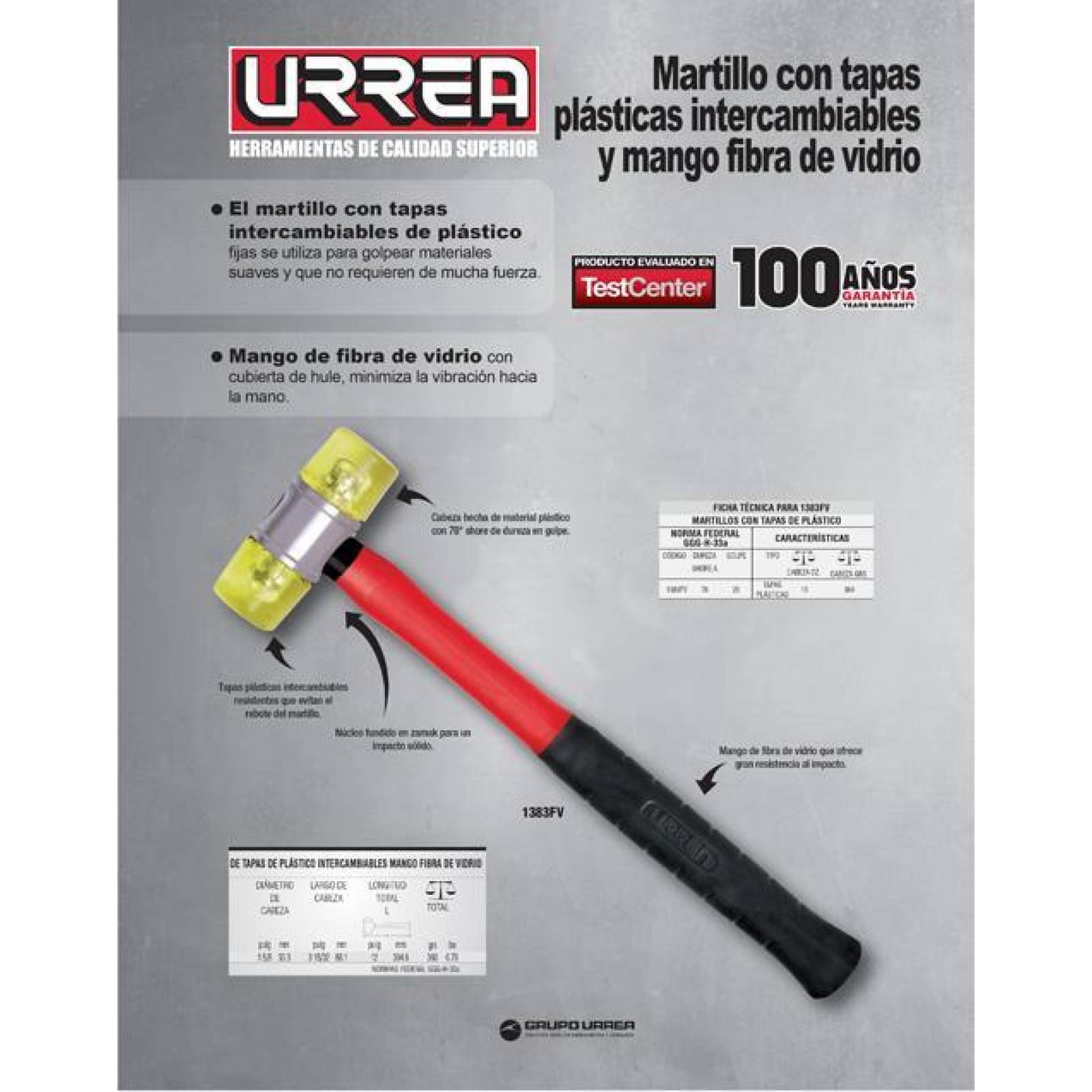 Martillo tapas plásticas 13oz mango fibra de vidrio Urrea 1383FV 